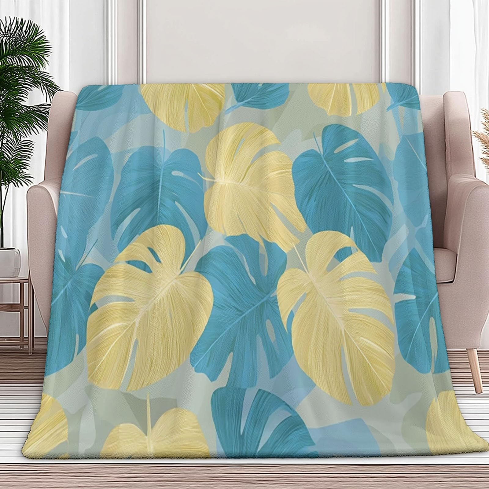 Coperta Plaid Pile in Flanella 180x220 cm Coperta Pile Piccola Monstera Foglie Azzurro, Morbida Soffice Calda Coperte per Divano Singolo Matrimoniale Letto Grigio