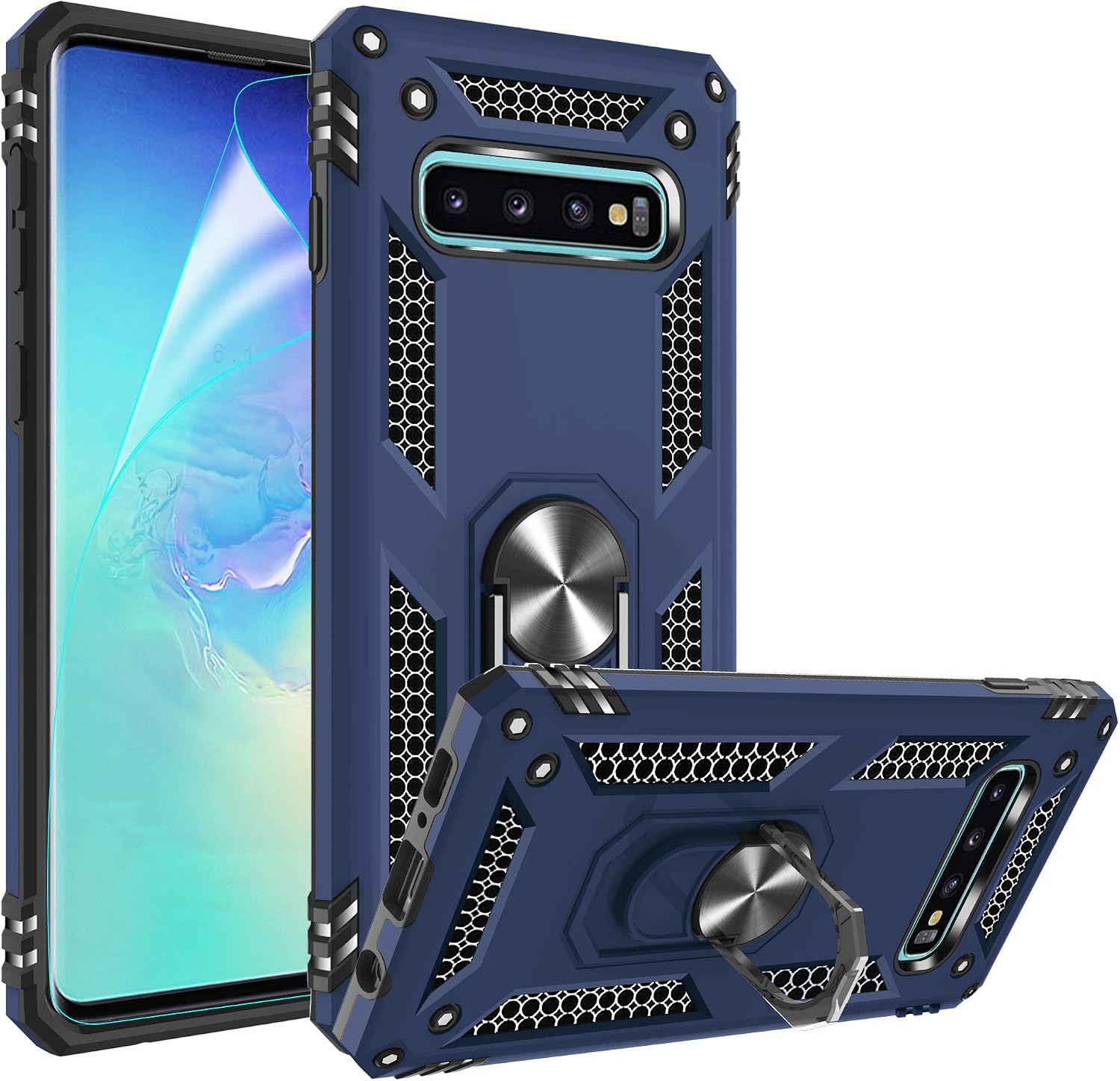 Gritup Galaxy S10+ Plus Case with HD Screen Protector, Military Grade 15ft. Drop Tested Cover with Magnetic Ring Kickstand, Phone Case for Samsung Galaxy S10 Plus Blue