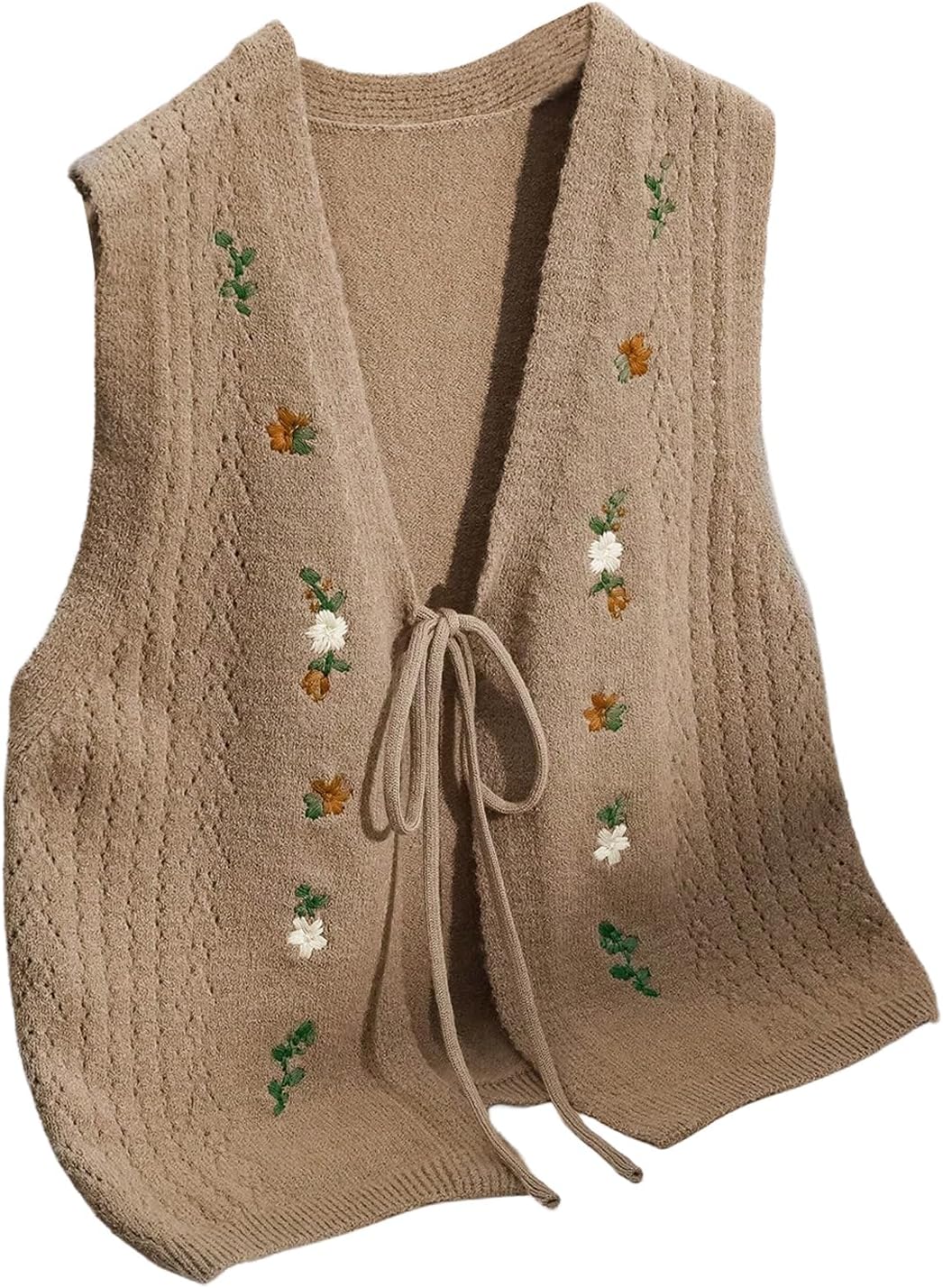 OYOANGLE Women's Floral Embroidered Tie Front Sweater Vest V Neck Sleeveless Knitted Tank Tops