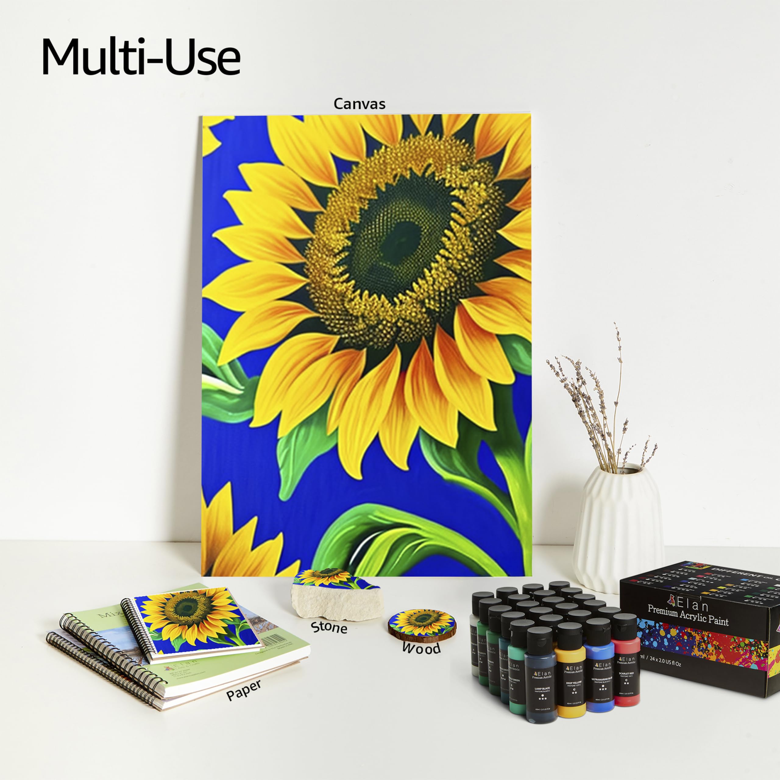 Elan Acrylfarben Set, 24x 60ml Tuben | 24 lebendige Acrylmalfarben, farbcodiert und hochpigmentiert, ideal für Leinwand