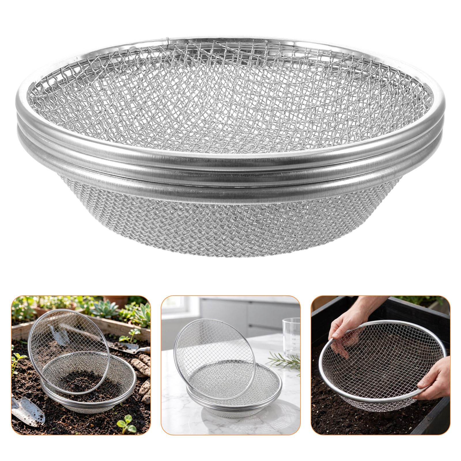 Luxshiny 3 Pièces Tamis de Jardin en Fer Galvanisé 30x30 Cm Maille Renforcée pour Tamiser Sable et Terre, pour Culture de Semis en Extérieur