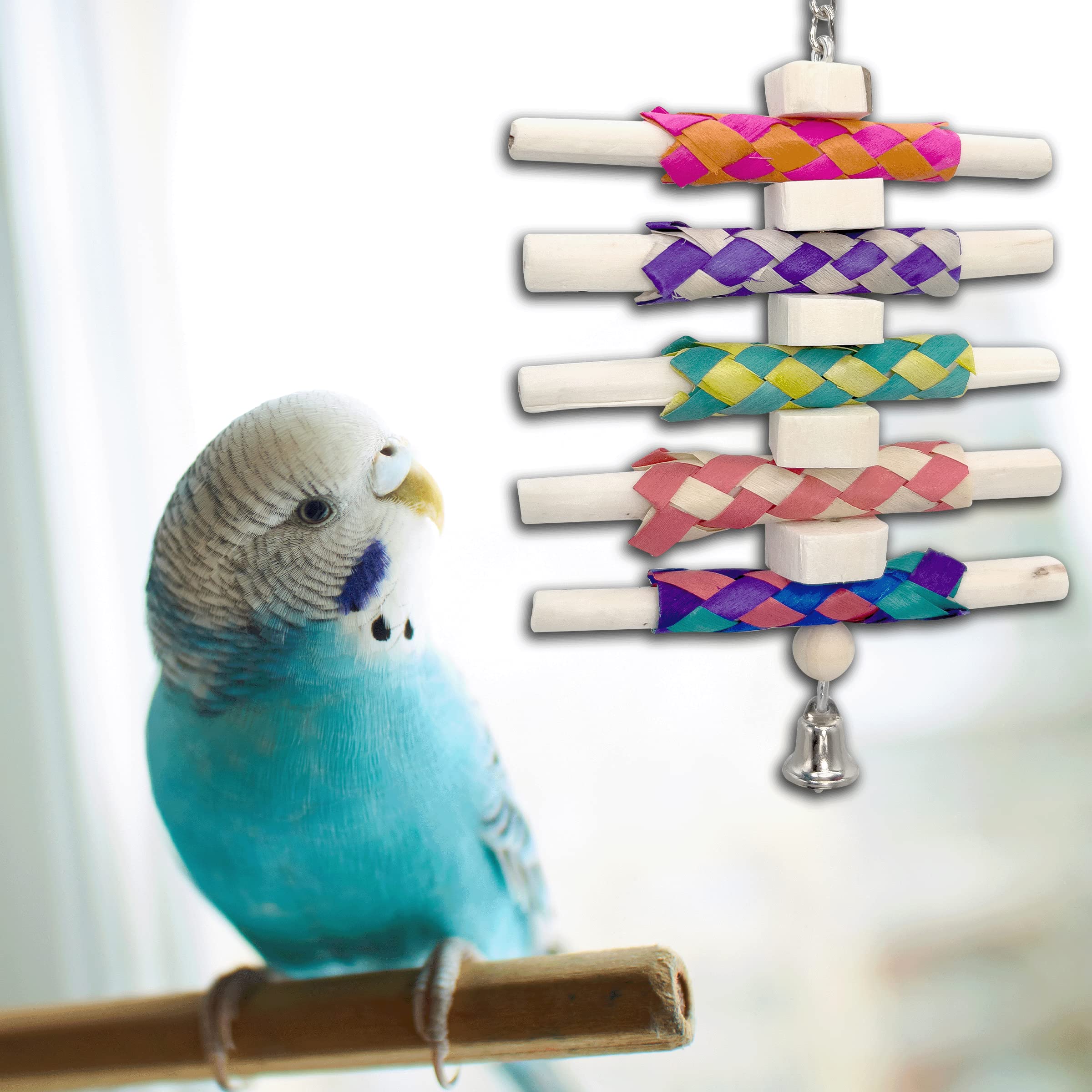 1117 Bamboo Sola Nibbler – Handmade Chew & Foraging Bird Toy with Soft Sola Logs, Bamboo Finger Traps, and Bell – Ideal for Cockatiels, Conures, Parakeets – Safe & Lightweight Bird Enrichment Toy - image 2
