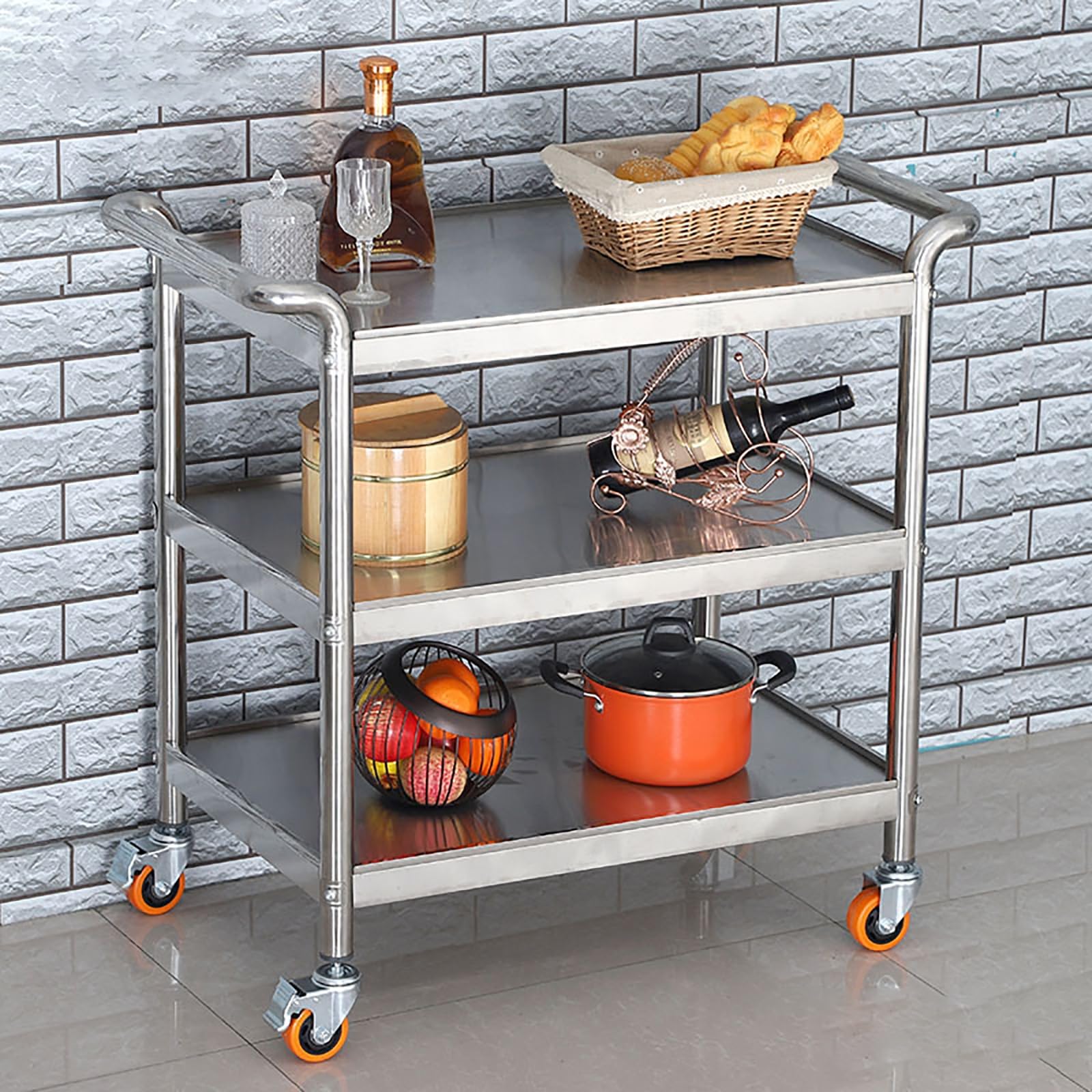 Carritos Auxiliares Cocina,verdulero Cocina Con Ruedas,ruedas Giratorias Sobre 360 °,2 Frenos,Carro De Servicio De Acero Inoxidable,para Restaurante, Garaje, Oficina, Almacenamiento ( Size : 80*40*90C