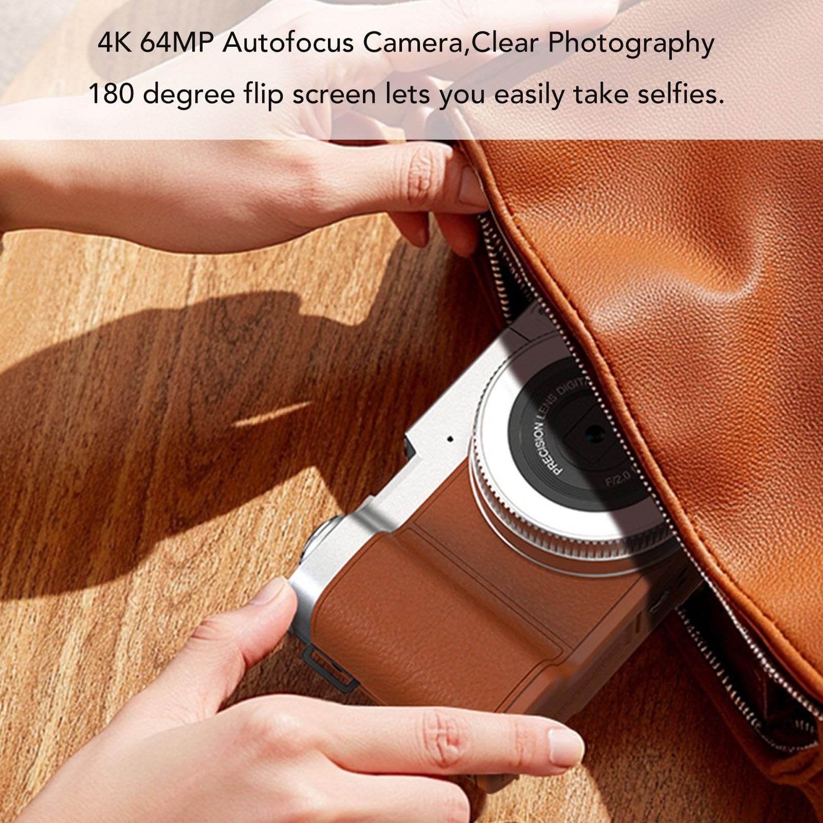 Annadue Fotocamera Digitale 4K per Fotografia, Fotocamera da Vlogging da 64 MP con Schermo di Lancio a 180 °, Autofocus, 16 Filtri retrò e Luce di Bellezza, per Principianti (BROWN)