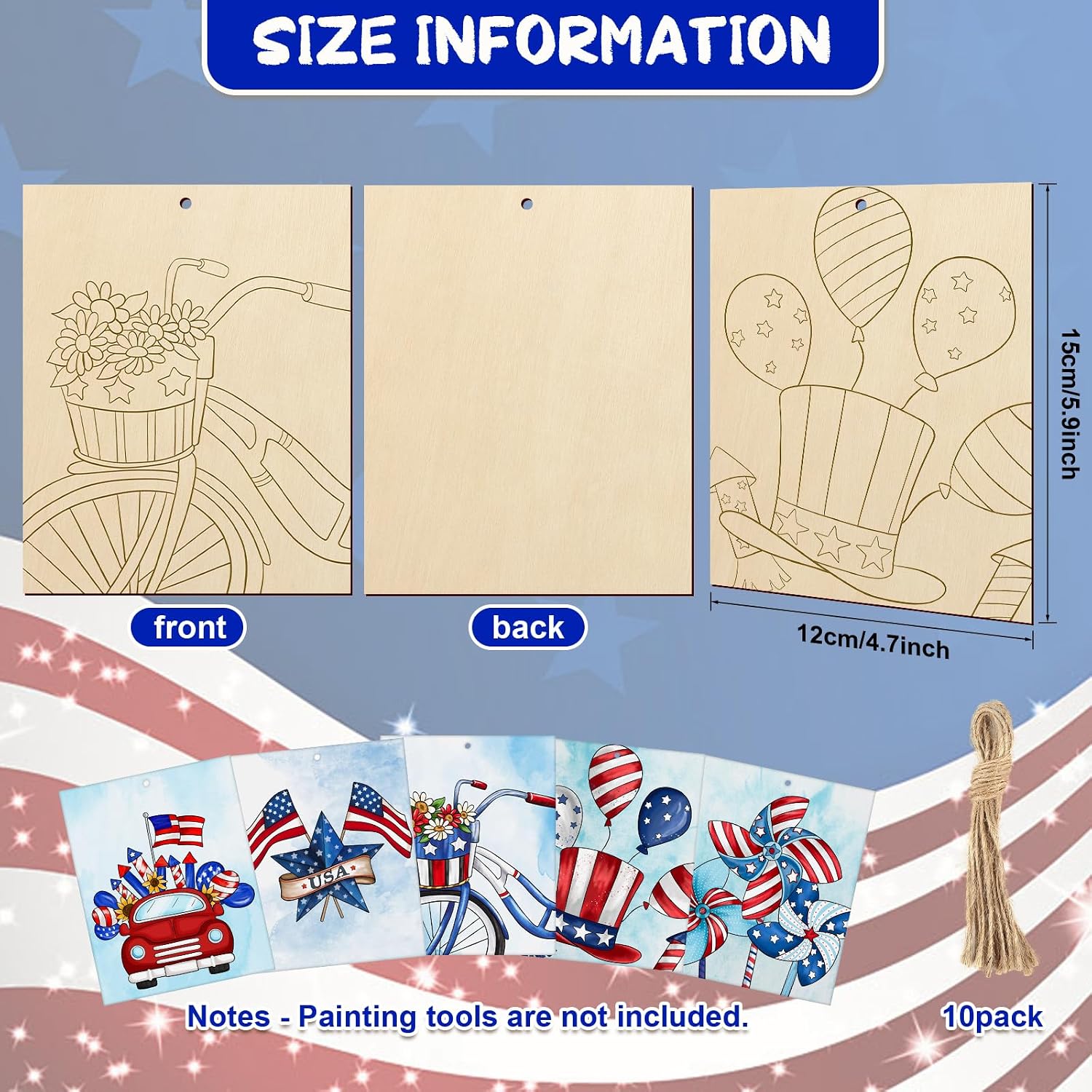 COCHIE 10 Pieces Large 4th of July Unfinished Wood Crafts to Paint for Adults, Bulk Predrilled Wooden Ornaments for Painting, Independence Day Paintable Wood Slices Craft Supplies with Ropes