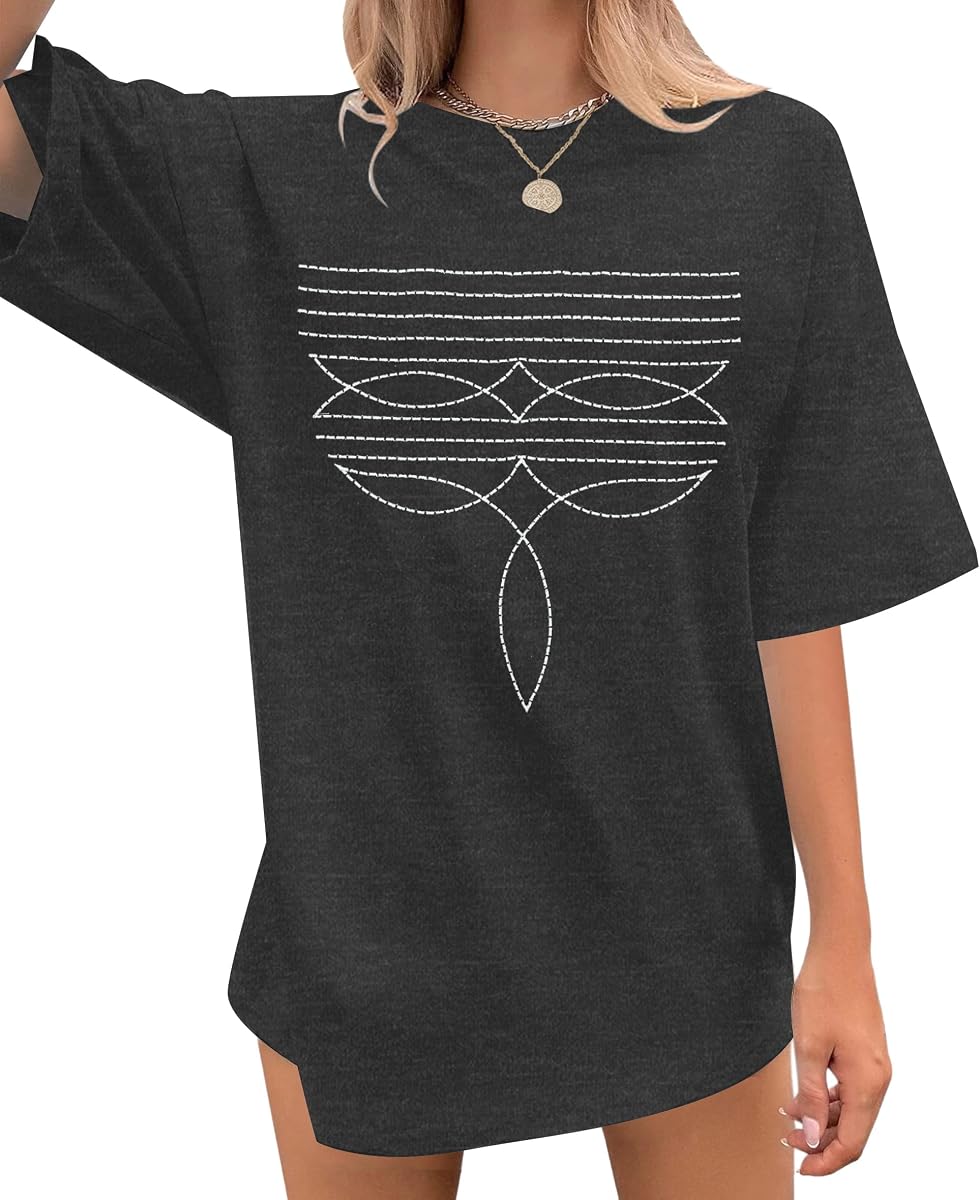 Western Shirts for Women Boot Stitch Embroidery Shirt Oversized Top | Boot Stitch Shirt Women Western T Shirt Rodeo Vintage Tshirt Oversized Boho Country Music Short Sleeve Top