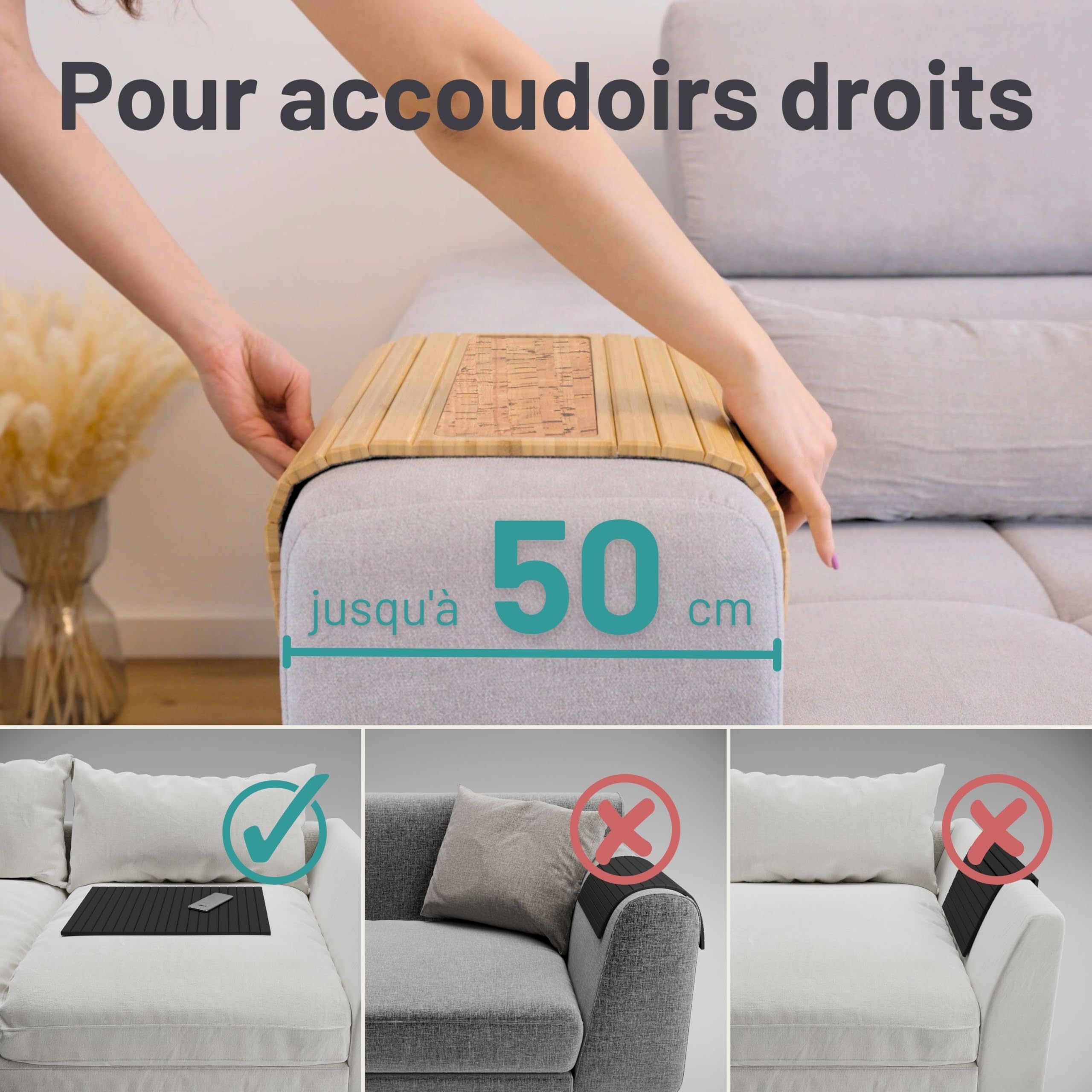 D&D Living® Plateau de Canapé Flexible - Support pour Accoudoir avec Tapis en Liège Anti-Dérapant | 47x34 cm, Bambou Naturel Durable Grand Format