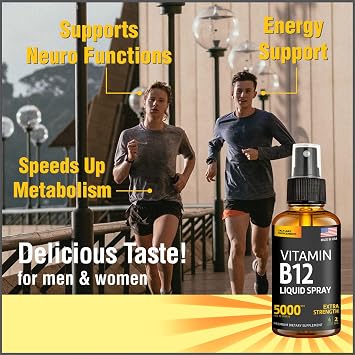 Vitamin B12 Sublingual Spray 5000 mcg Vegan Methylcobalamin Liquid B12 Boost Energy, Mood & Brain Health - Gluten-Free, Non-GMO B12 Spray for Men & Women - Easy Dosage (5000 mcg in 10 Sprays)