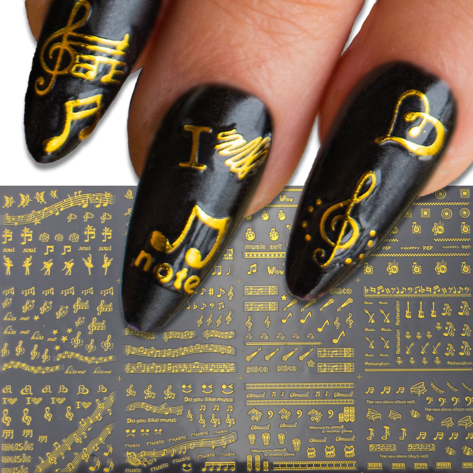 Gold Metallic Musical Notes Nail Art Stickers, 24 Pieces Musician Nail Stickers, Luxury Nail Decorations, 3D Self-Adhesive Nail Stickers Decals, Music