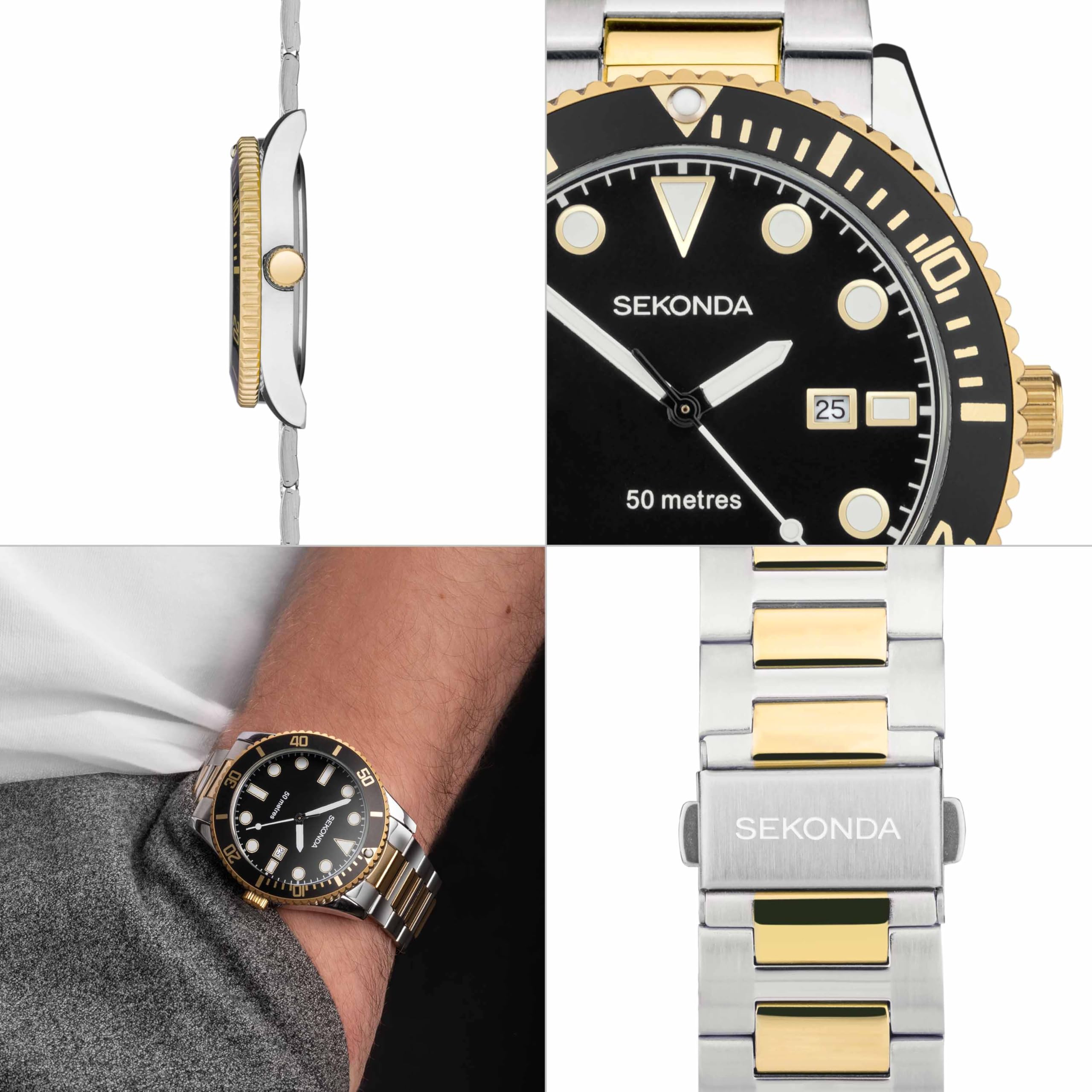 Sekonda Dive Oceans - Orologio al quarzo da uomo, 43 mm, con datario analogico e cinturino in acciaio inossidabile, Nero/Due Tonalità, Bracciale