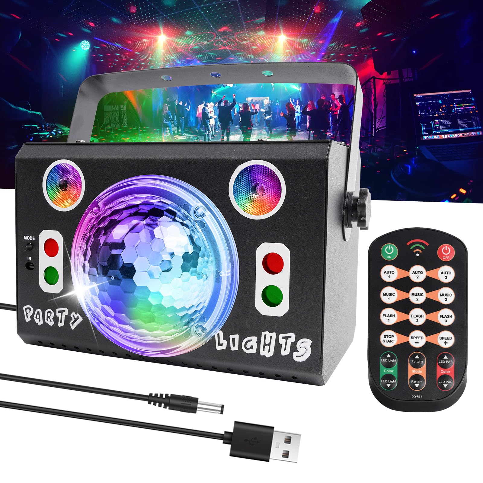 Klarlight Luce Sfera Disco con 4 Lenti RGB per Palco, Luci per Feste DJ 120-in-1 con Telecomando, Stroboscopica Attivata dal Suono per Feste in Casa, Compleanni, KTV, Bar, Matrimoni, Halloween Natale
