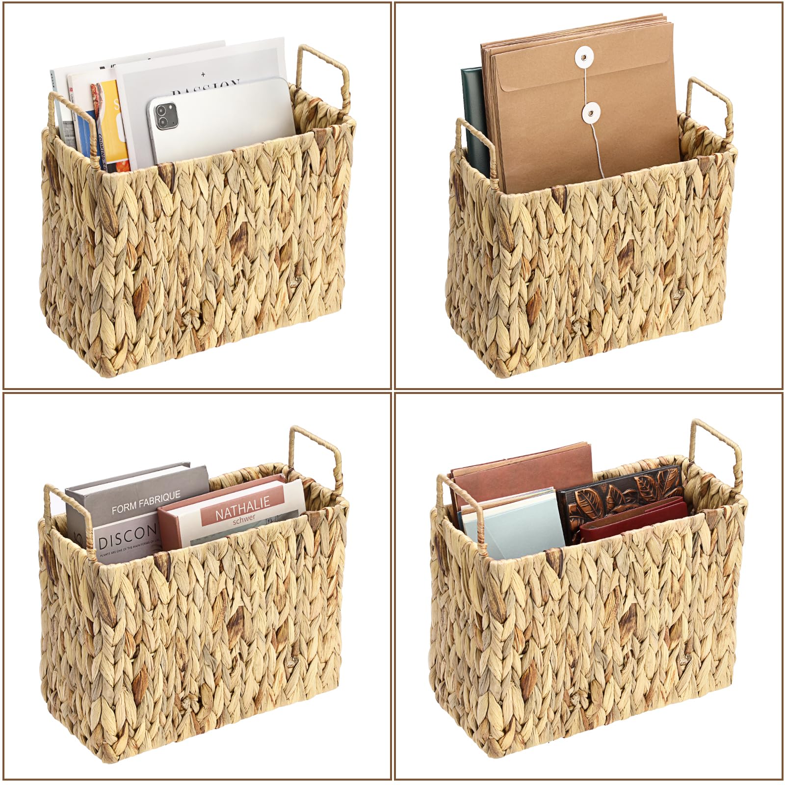 BSTKEY Porte-revues en jacinthe d'eau naturelle avec 2 poignées, panier de rangement tissé à la main, panier de rangement pour dossiers, courrier