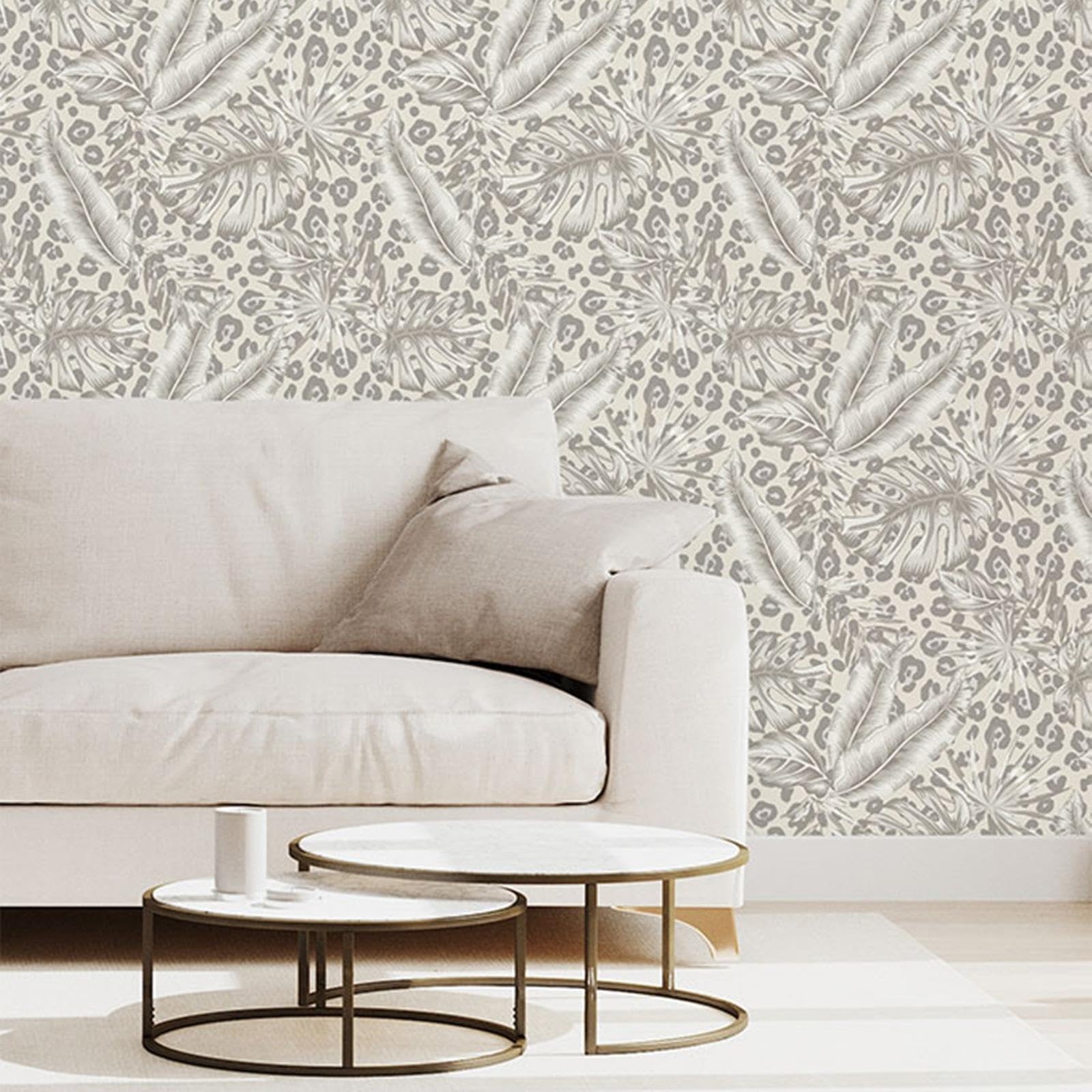 SOPHIE LAURENCE Beige Grey Tropical Animal Print Wallpaper Metallic Silver Leopard Spots Feature Wall Hallway Bedroom Bathroom 10m x 0.53 m