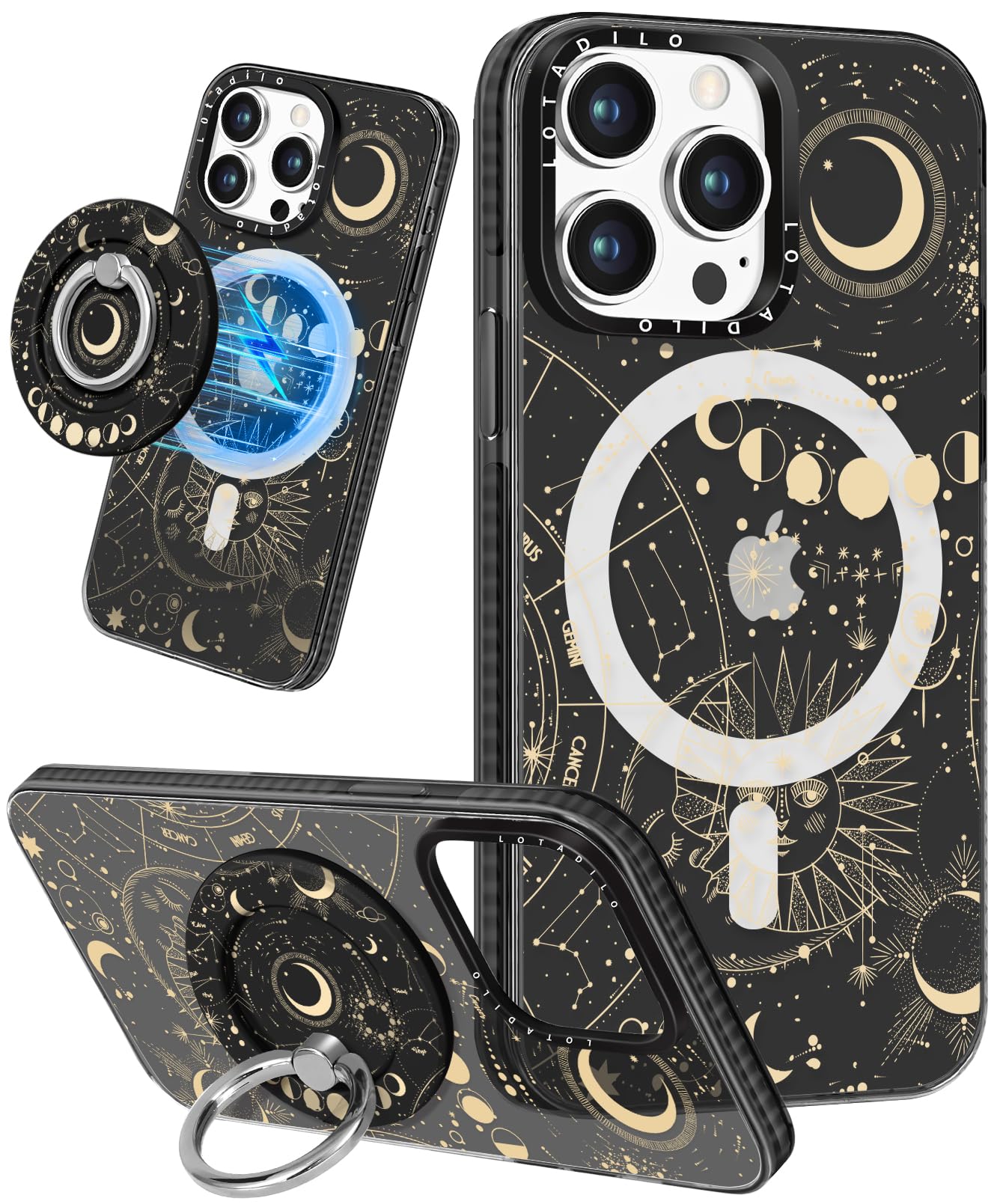 Lotadilo for iPhone 14 Pro Max Case for Women - Girls Cute Design Compatible with Magsafe Magnetic Ring Holder Stand Moon Sun Stars Phone Covers