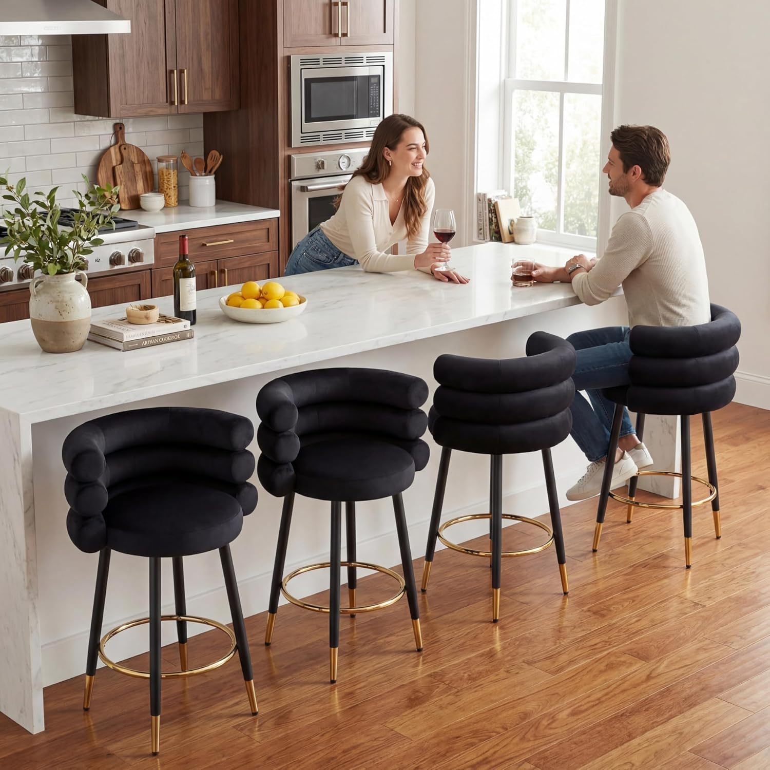 Hyfirm 26" Counter Height Bar Stools Set of 4, Velvet Fabric Upholstered Barrel Barstools with Backrest and Arms, Modern Padded Kitchen Island Chairs, Black Metal Legs with Golden Cups, Black