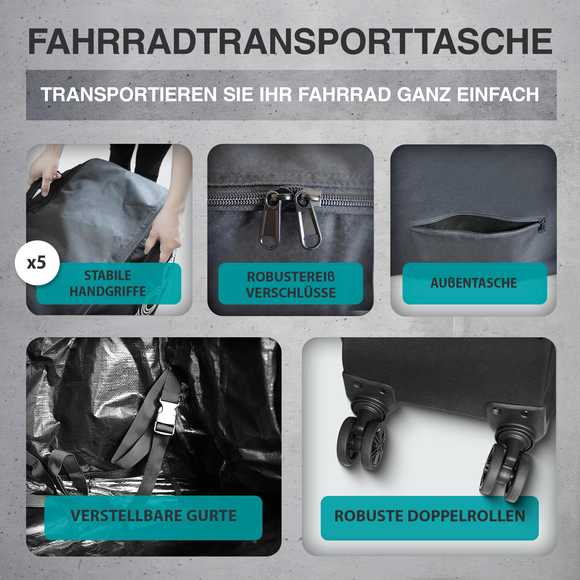 NooMii Fahrrad Transporttasche 128 x 78 x 25 cm | Wasserdichter Fahrradkoffer mit verstärkten Reißverschlüssen | Fahrradtasche-Rucksack mit Handgriff & Rollen | Für verschiedene Fahrradgrößen