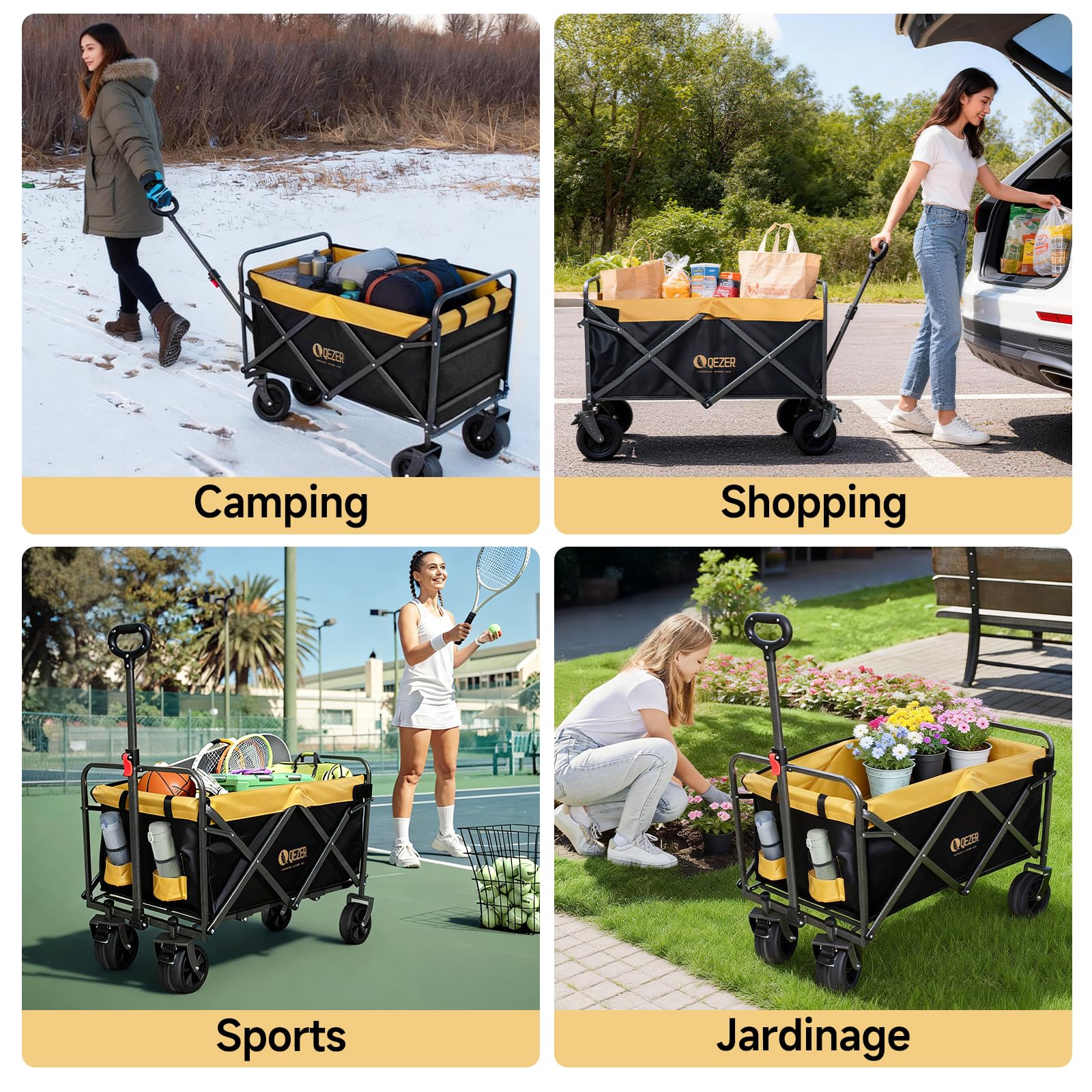 Chariot Pliable avec Roues Tout Terrain,Capacité de Charge 220 kg/270 kg, Chariot de Transport Multifonction pour Plage，Jardin, Camping, Pêche et Barbecue (Noir et Jaune, Grande Taille)