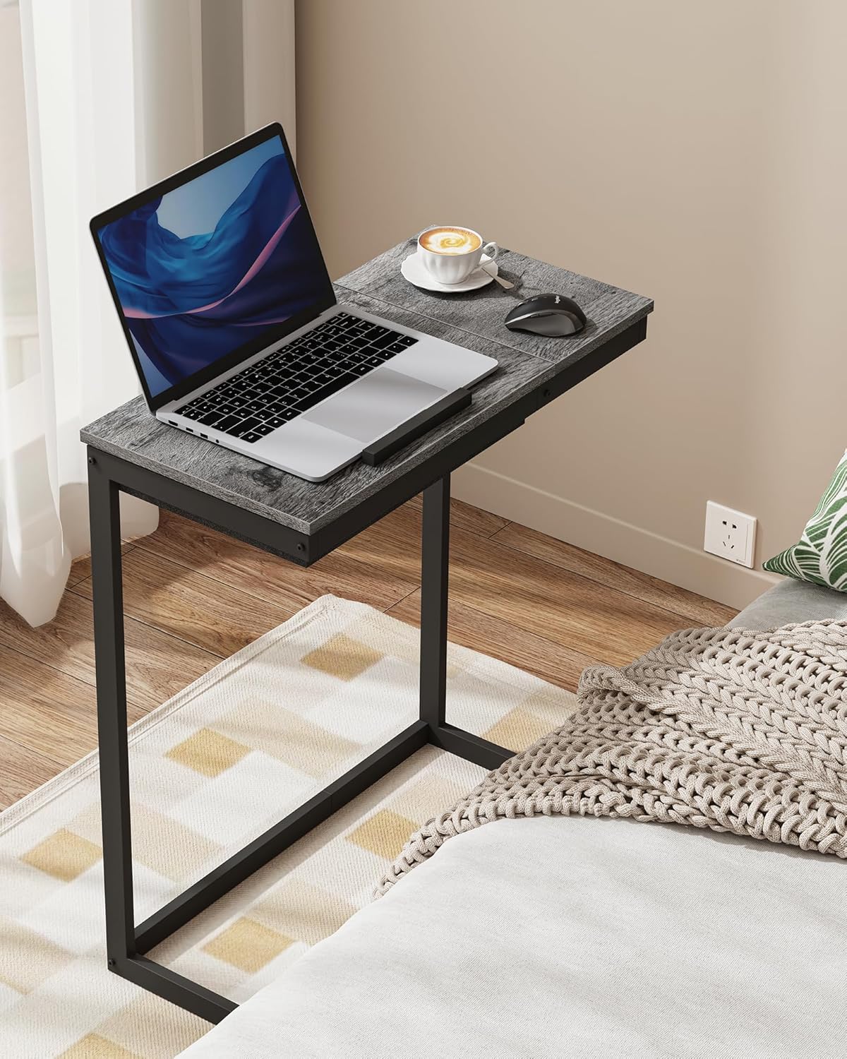 TUTOTAK C Shaped End Table, Large Side Table with Storage Bag, TV Tray Under Couch Table for Livingroom, Bedroom, Charcoal Grey TB01BY089