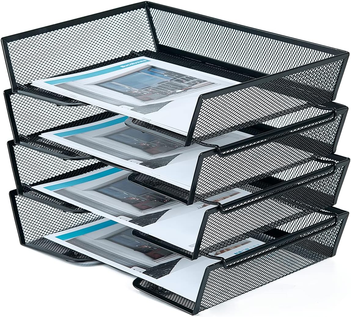 SETTFRFE 4 Tier Metal Mesh Desk Organizer-Stackable Letter Trays for Office Supplies,Black File Storage System with Reinforced Edges