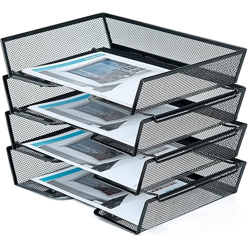SETTFRFE 4-Tier Letter Tray Desk Organizer, Mesh File Stackable Paper Tray Organizer for Desk, Desktop Paper Sorter Literature Organizer Rack for Home, Office, School, Black.