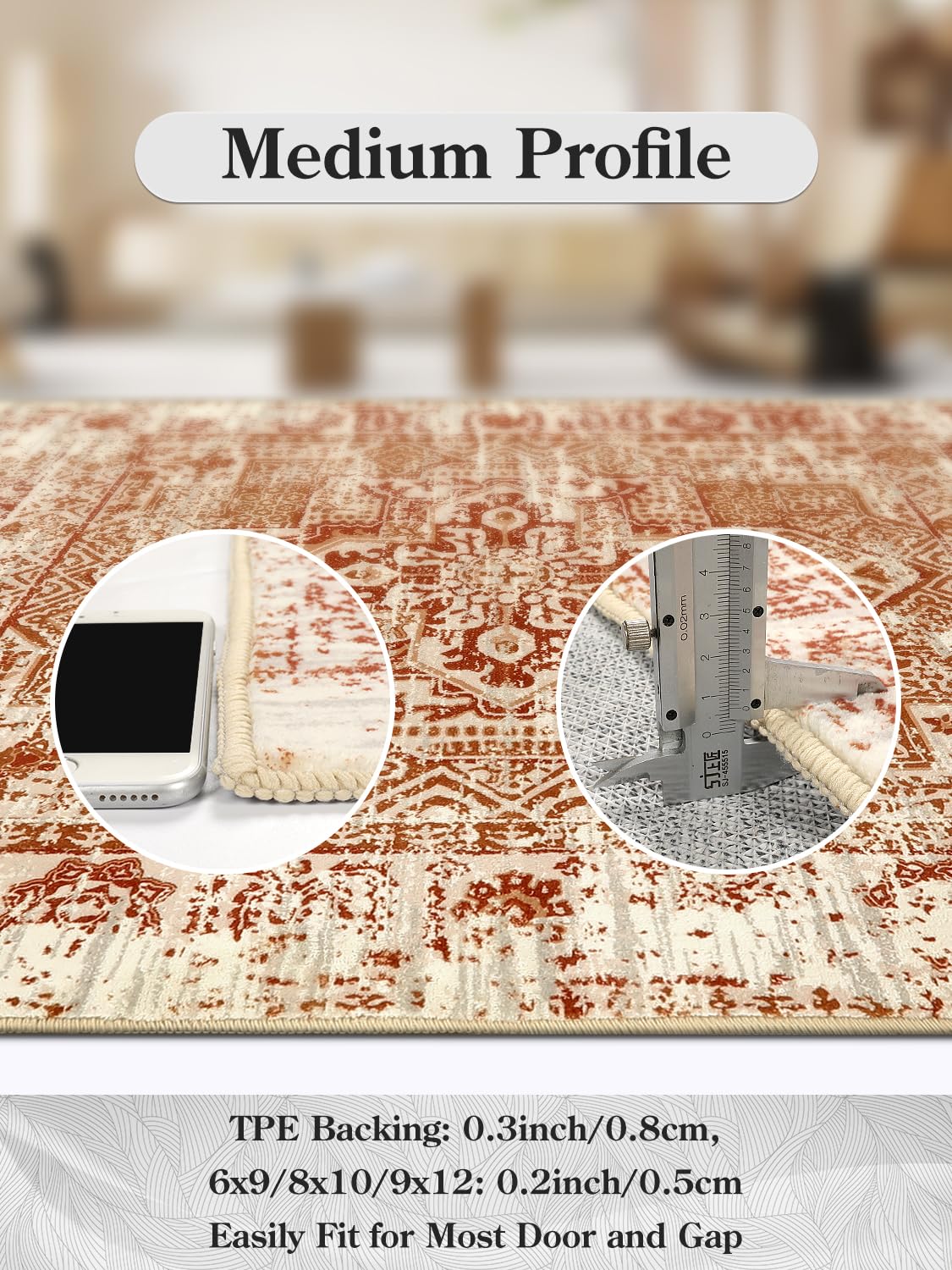 Lahome Vintage Oriental Washable Living Room Area Rug 6x9, Orange Soft Faux Wool Carpet for Bedroom with Rubber Backing, Low Pile Non-Slip Indoor Floor Mats for Dorm Home Office