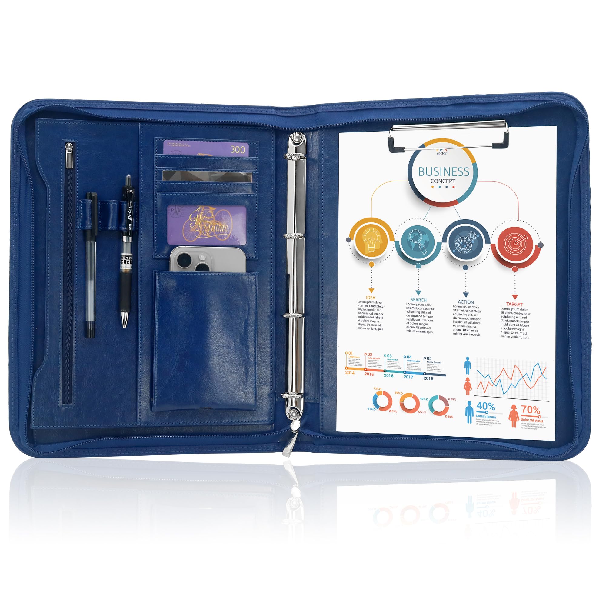 GraduatePro A4 Portfolio Folder with Zipper Clipboard Folder 4 Ring Binder for Legal Pad Work Writing Paperwork & Presentations (Blue)