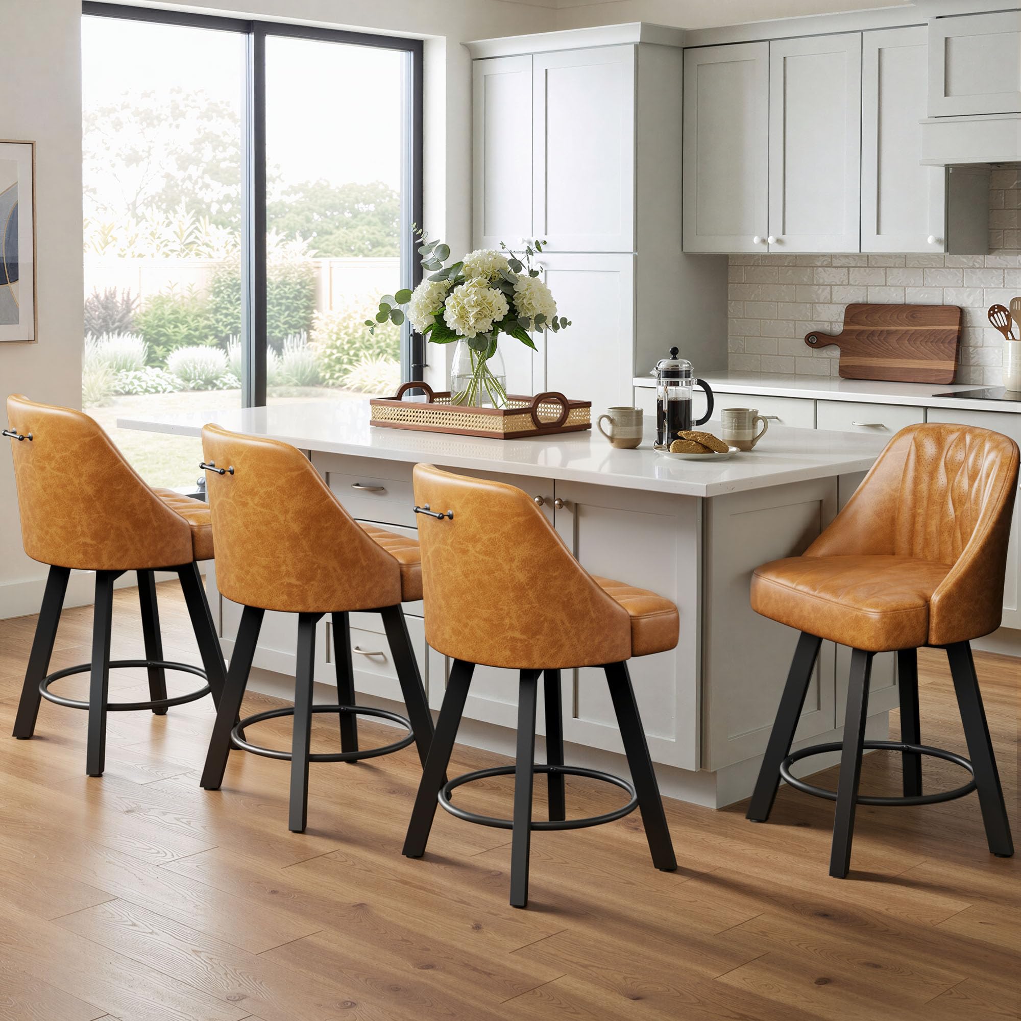 Memobarco Swivel Bar Stools with Backs, 26 Inches Counter Height Bar Stools Set of 4, PU Leather Upholstered Counter Barstools with Metal Legs and