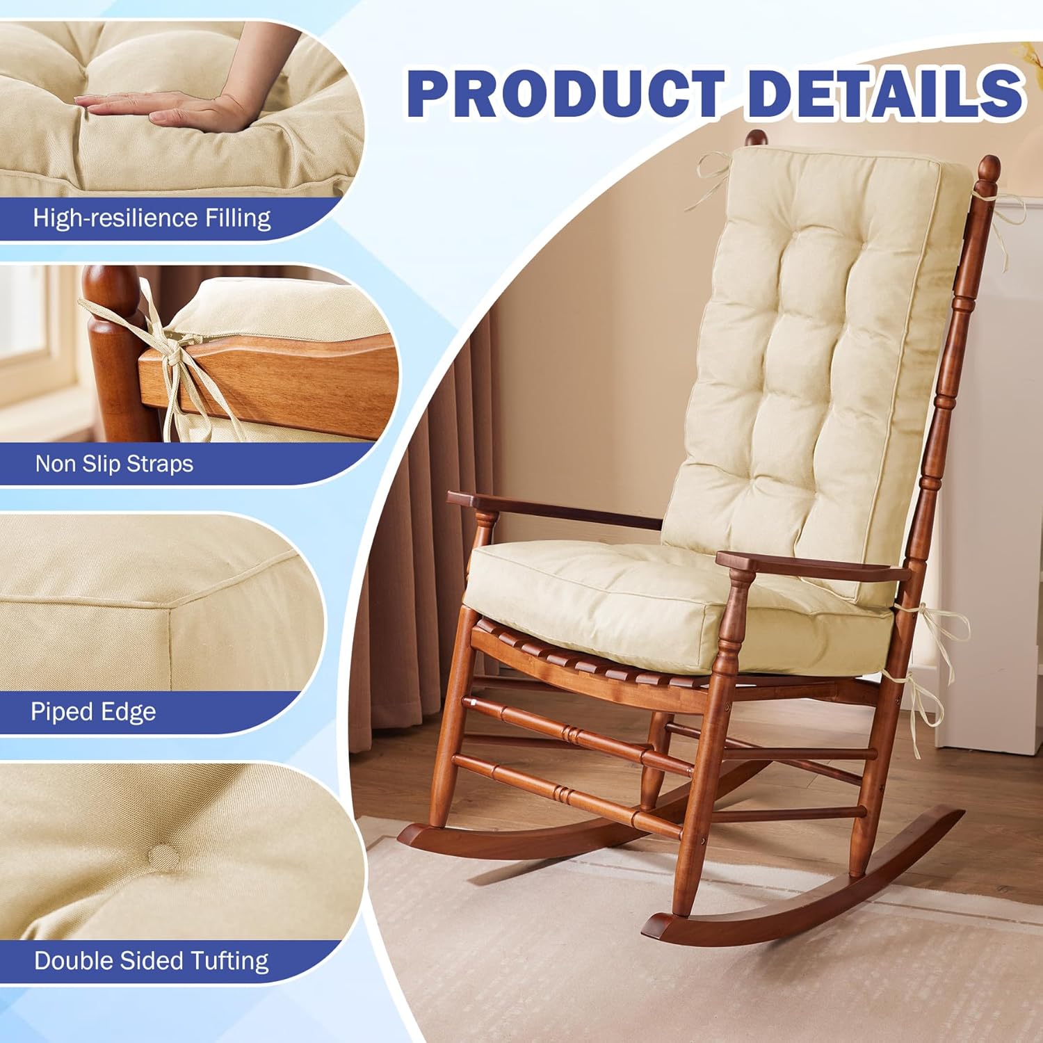 ipynbap rocking chair cushion, waterproof and fade-resistant patio chair cushions, tufted chair pads for rocker furniture, 18x18 inch, indoor/outdoor seat cushions with ties, beige beige 18\"x18\"/28\"x18\"