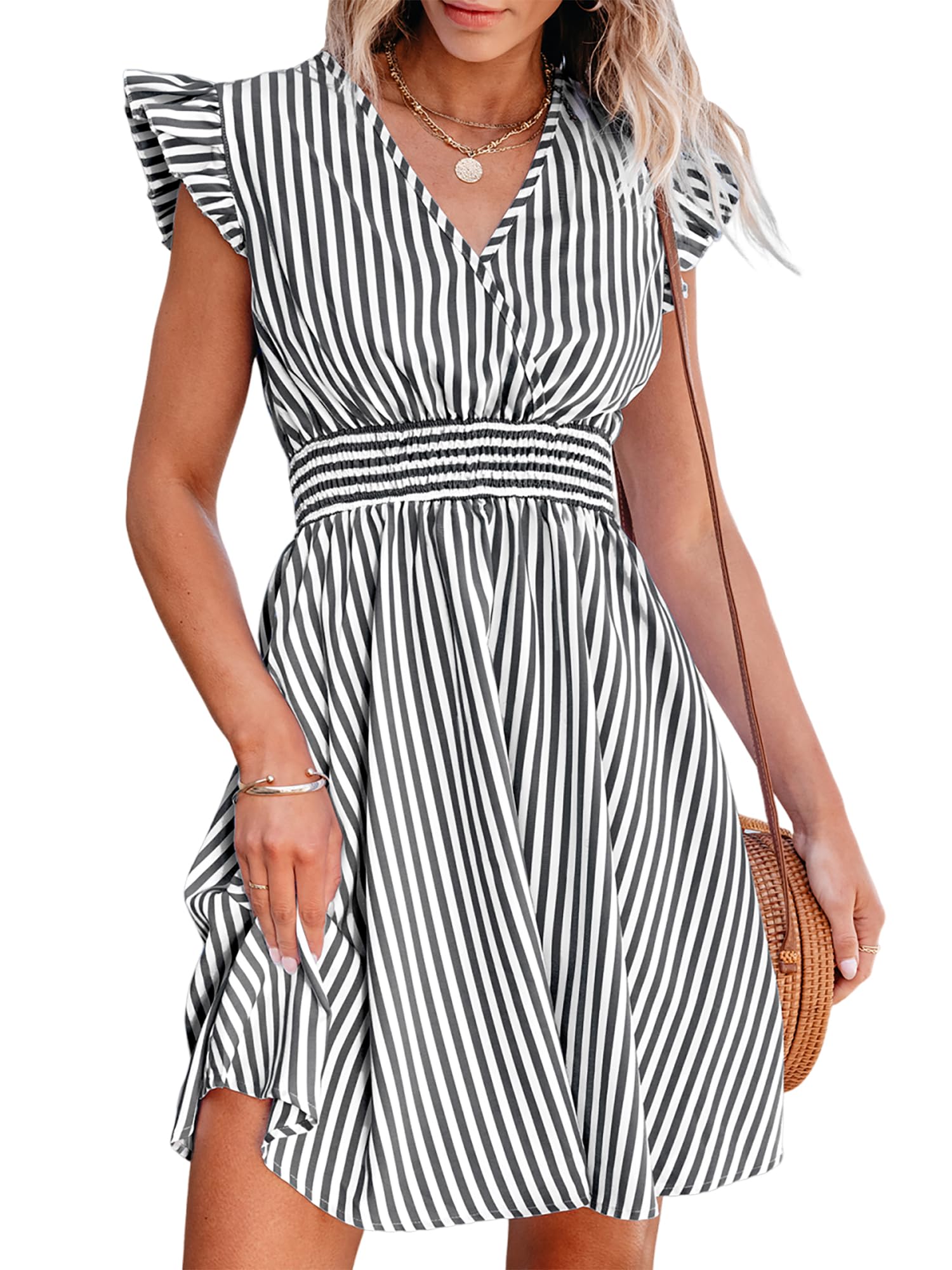 CUPSHE Mini-jurk voor dames, gestreepte V-hals, fladdermouwen, gesmokte taille, A-lijn, casual zomerjurken, Blauw gestreept, M
