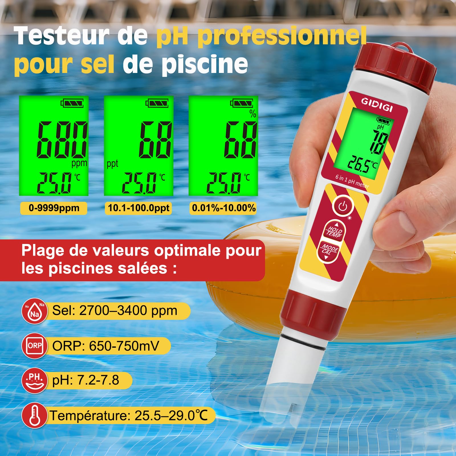 Testeur numérique de qualité de l'eau 6 en 1 pour piscines et hydroponiques, pH/ORP/TDS/EC/salinité/température avec solution d'étalonnage ORP pour aquariums, eau potable, brassage