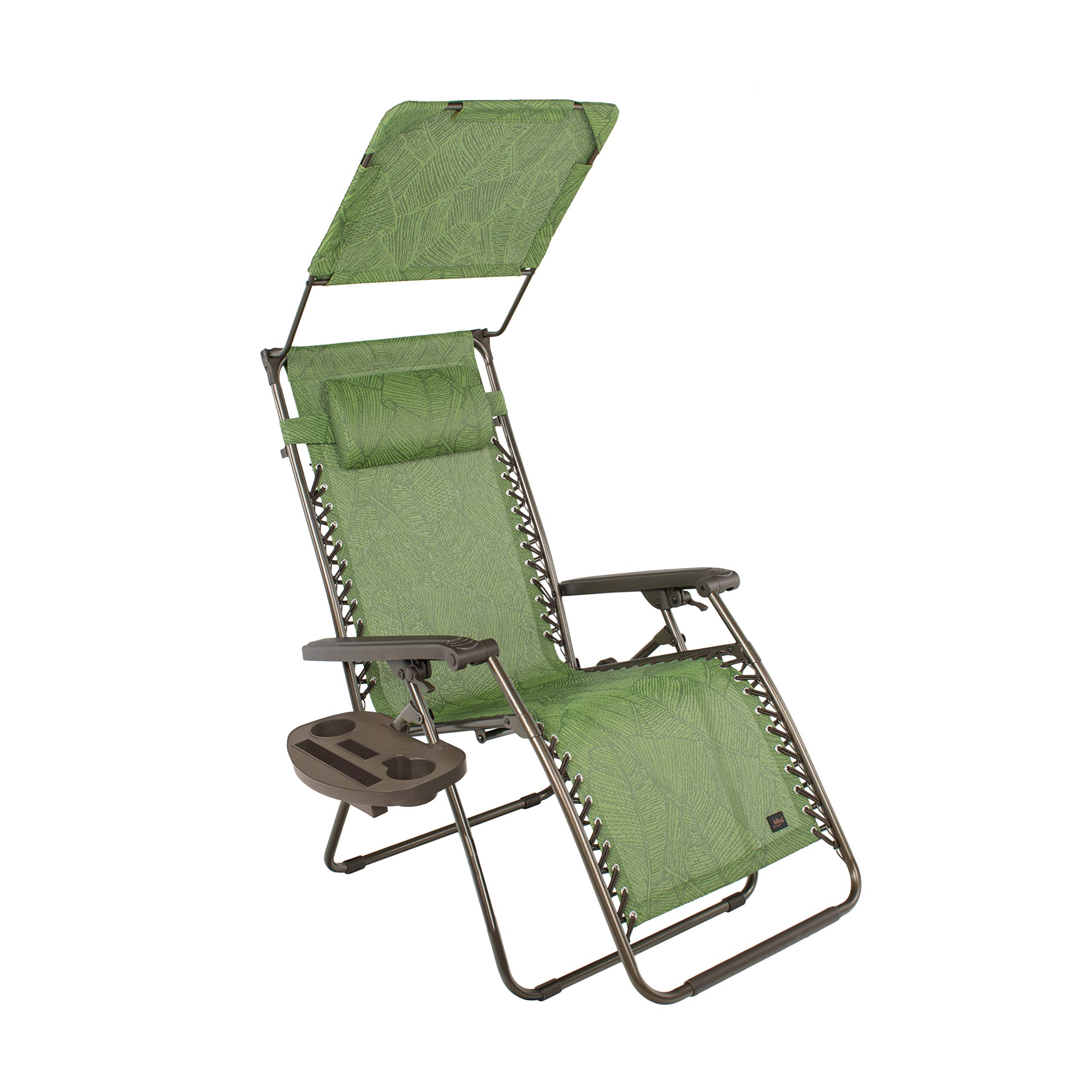 Bliss Hammocks GFC-467GBLR 26" Wide Zero Gravity Chair w/Canopy, Pillow, & Drink Tray, Holds up to 300lbs, Green Banana Leaves
