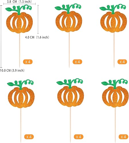 Miniatura 2 de 24 piezas de adornos de calabaza para cupcakes de doble cara naranja con purpurina naranja para cupcakes para temática de otoño, baby shower,