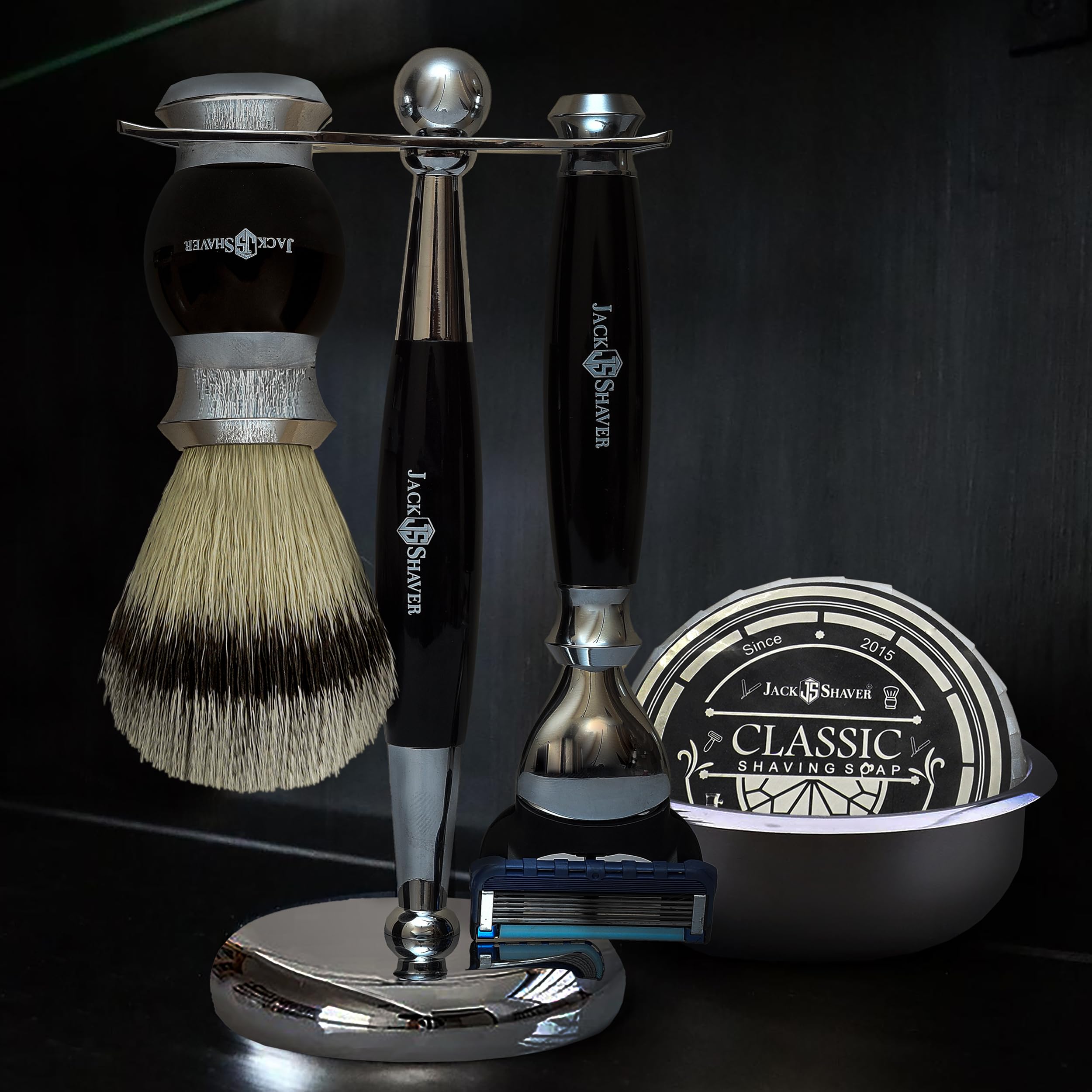 Set da barba da uomo, kit da barba personale da 5 pezzi, rasoio da barba a 5 bordi, pennello da barba in tasso sintetico, sapone e ciotola, supporto da barba, miglior regalo per uomini