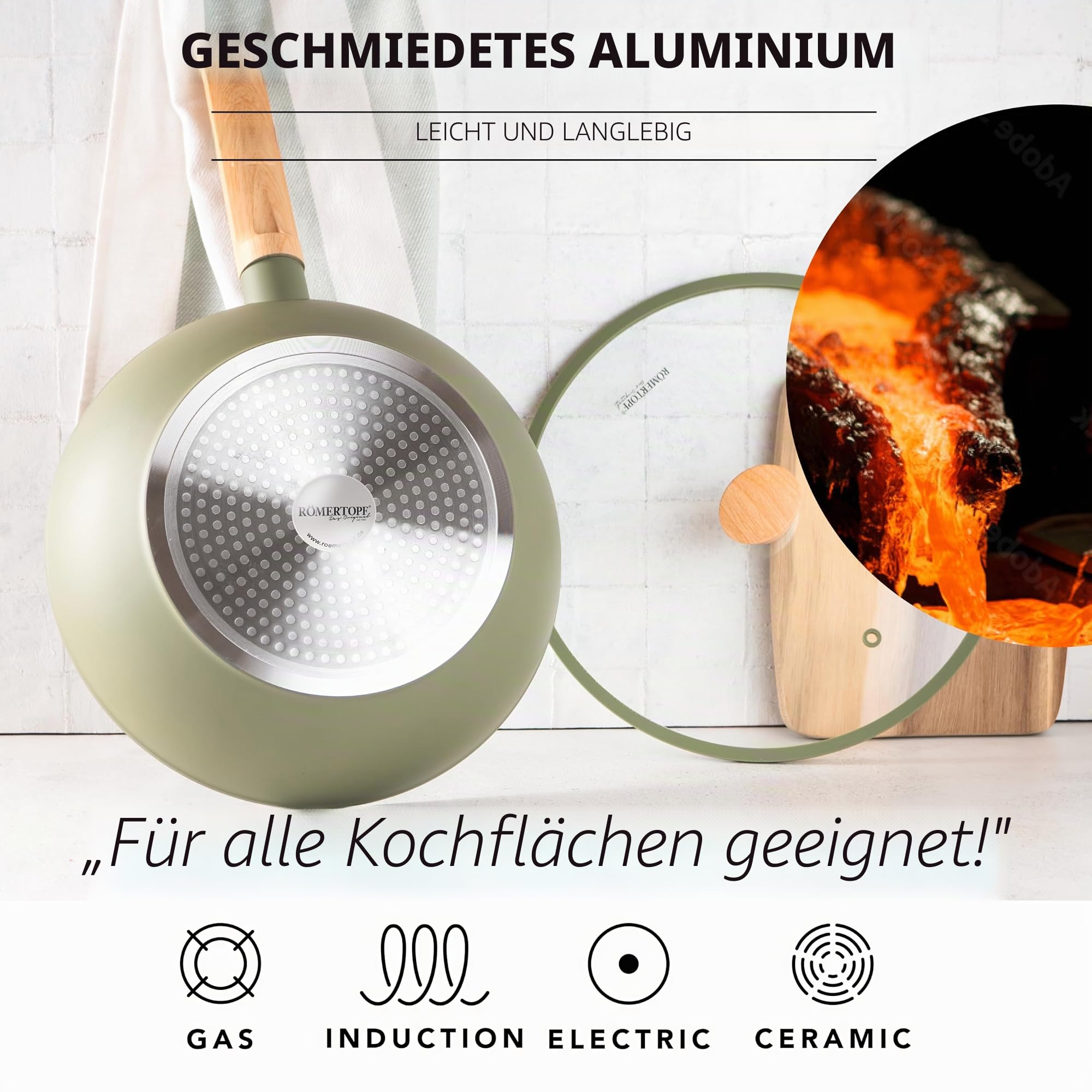 Romertopf Wok 28 cm mit Glasdeckel, 3,52 l Fassungsvermögen, Aluminium mit Keramik Antihaftbeschichtung, für alle Herdarten inklusive Induktion geeignet, grün
