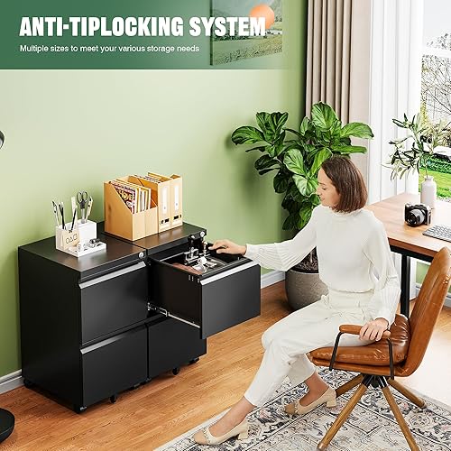 Miniatura 3 de Letaya Archivador móvil con cerradura, 2 cajones debajo del escritorio, archivadores de metal con ruedas para organizador de oficina en casa,