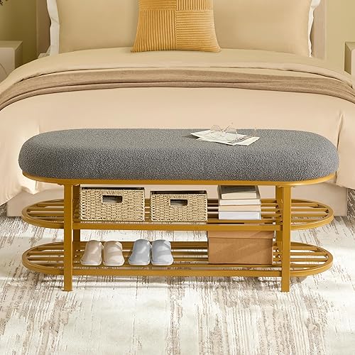 Miniatura 16 de Banco de almacenamiento de zapatos de 46 pulgadas con cojín, banco de entrada de 2 niveles, patas de metal moderno, zapatero con estante para