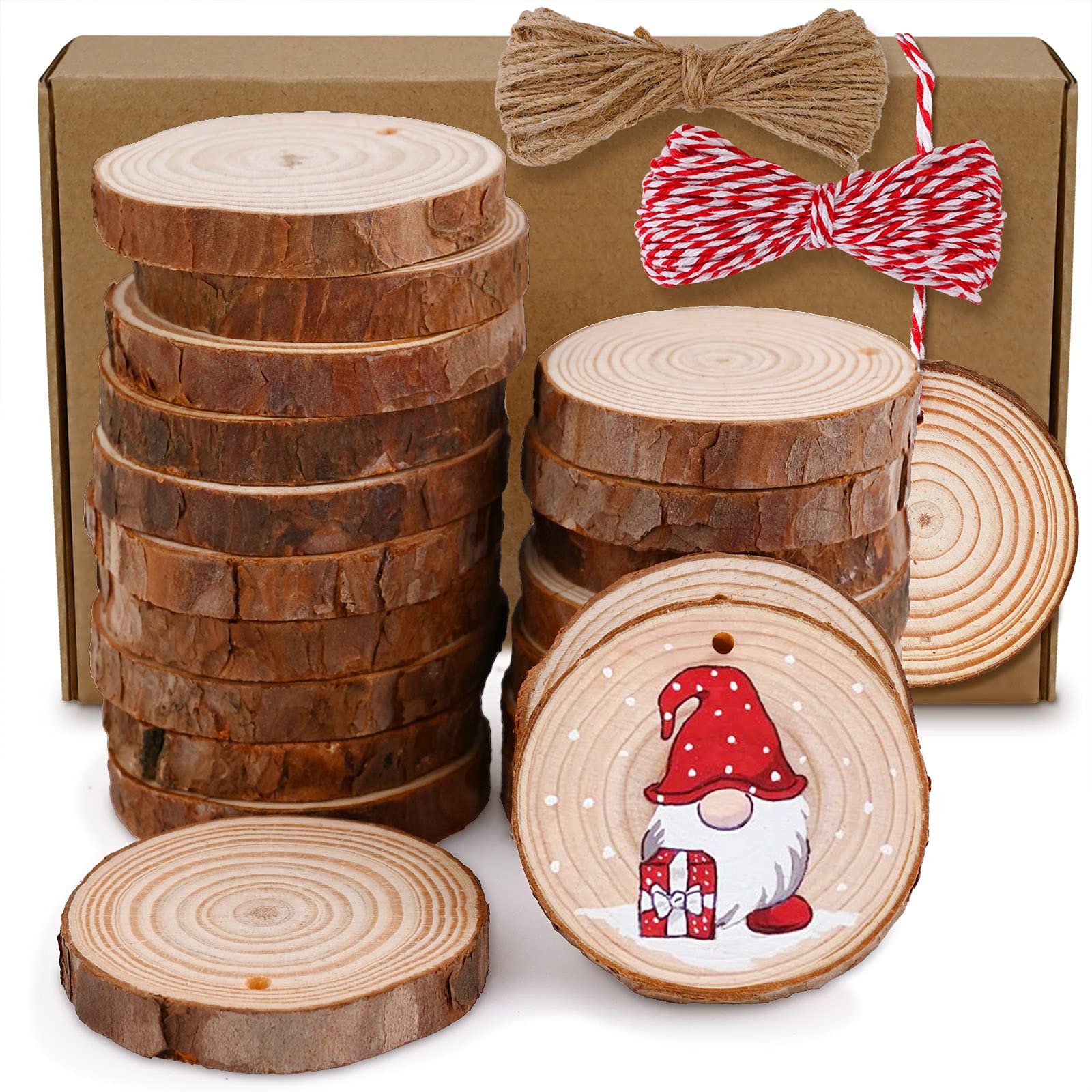 Moukiween Natural Wood Slices- 20 Pcs 2.4-2.8 Inches Craft Wood Kit Unfinished Predrilled with Hole Wooden Circles Tree Slices for Arts and Crafts DIY Christmas Ornaments