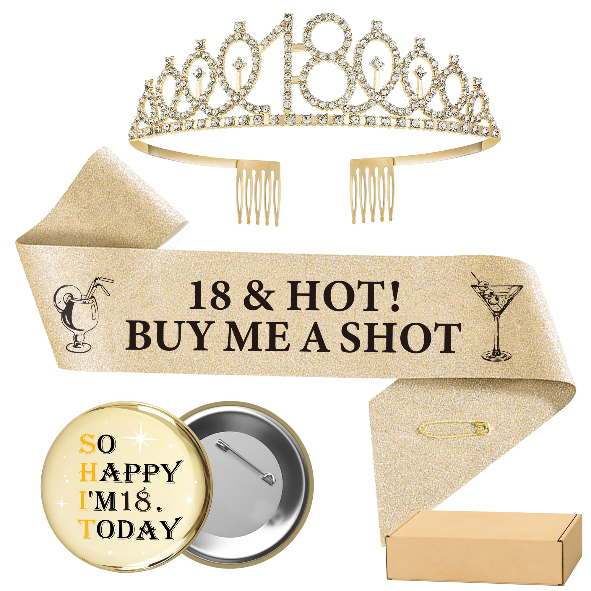 18th Birthday Sash Tiara Badge - 3 Pcs Champagne Gold 18 & Hot Buy Me A Shot Sash So Happy I'm 18 Today Badge Number 18 Rhinestone Crown for Girls 18th Birthday Decorations Supplies and Gifts