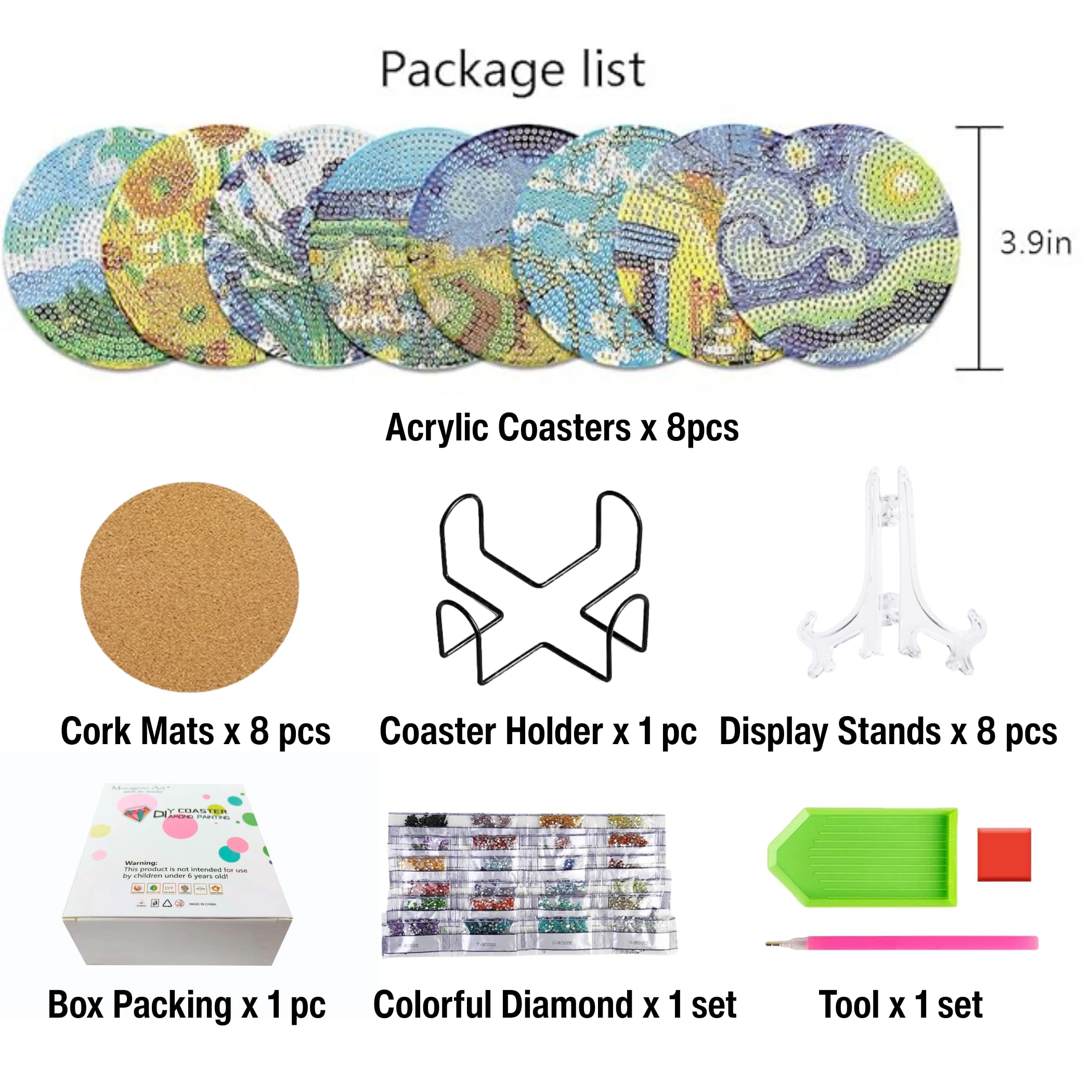Muzagroo Art Van Gogh Diamond Painting Coasters Kit con Holder Coaster Art Kit per principianti Diamond Painting Kit per Adults Reducing Handicrafts Paint by Diamond 8 pezzi (Van Gogh)