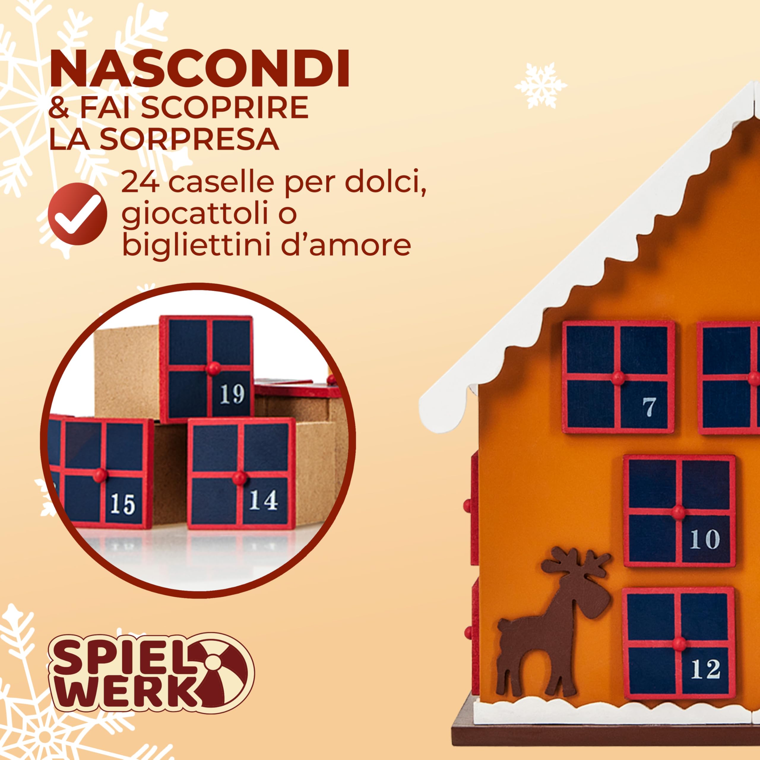 Spielwerk® Calendario dell' Avvento Riutilizzabile in Legno Casetta di Pan di Zenzero Decorazione Natalizia da Riempire