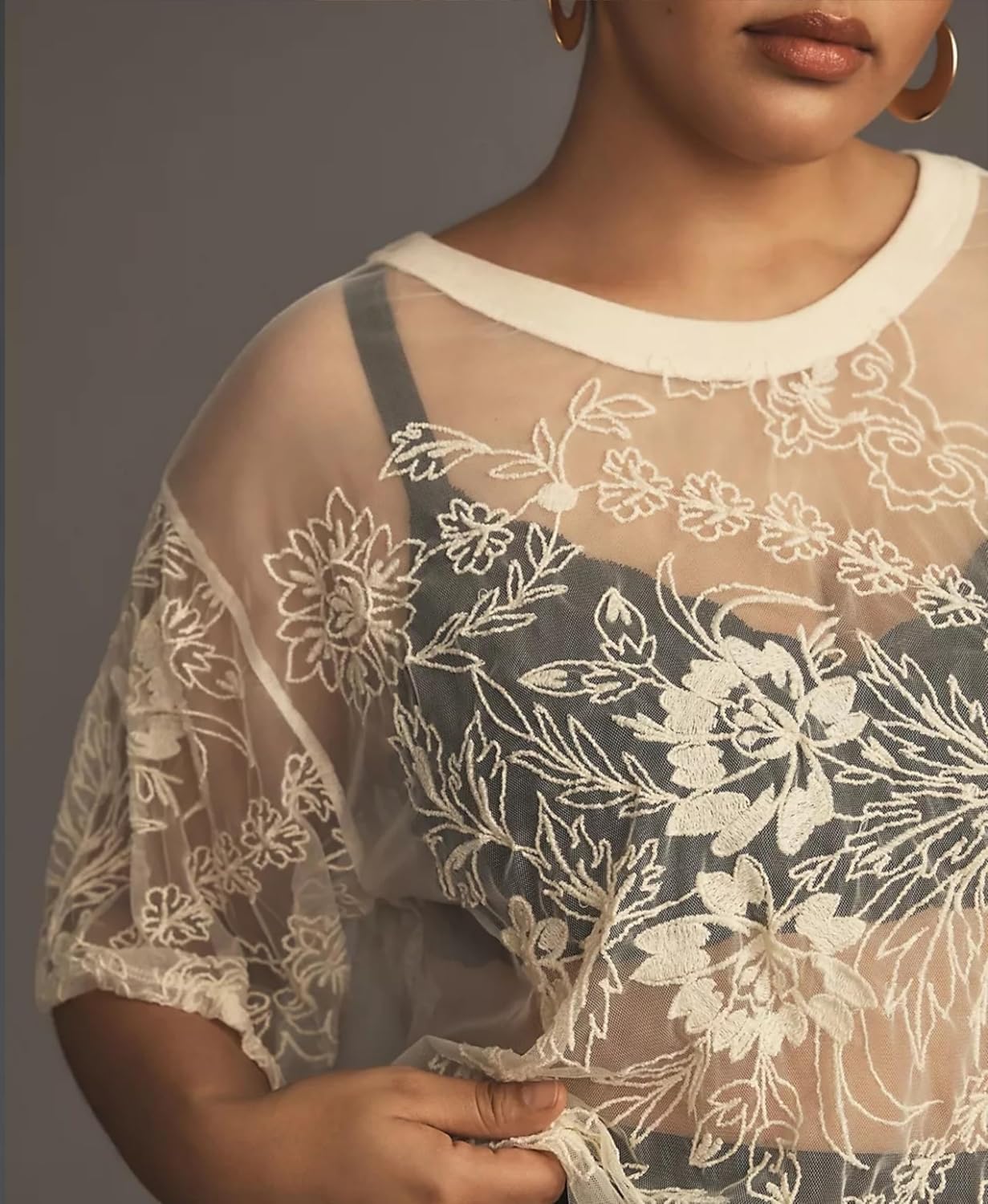 OPCAKM Lace Tops for Women Sexy Short Sleeve Mesh Tops Embroidered Sheer Lace T-Shirts See Through Blouse - Image 4