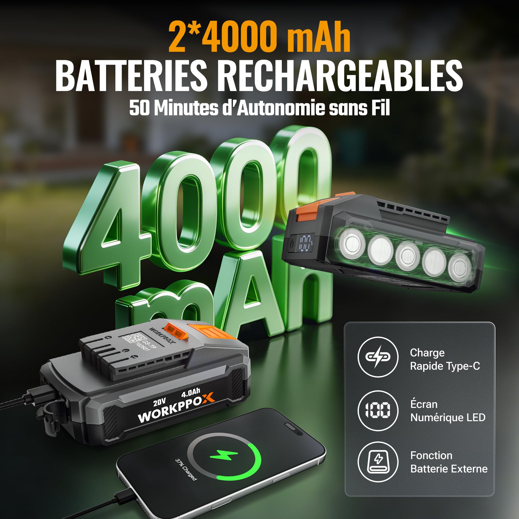 WORKPROX Motobineuse Électrique sans Fil 40V, Largeur 30 cm, Profondeur 20 cm, Batteries 2×4000 mAh, Guidon Pliable, Roues 4 Positions, Compacte et Silencieuse pour Jardin, Potager et Verger