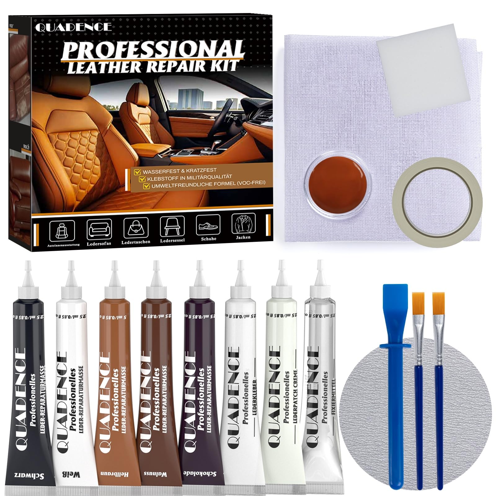 Quadence Leder Reparatur Set – Flüssigleder Reparaturset für Auto, Sofa & Möbel, Kunstleder Reparaturset für Kratzer, Risse & Löcher, Leder Reparatur-Set für Echtleder & Kunstleder