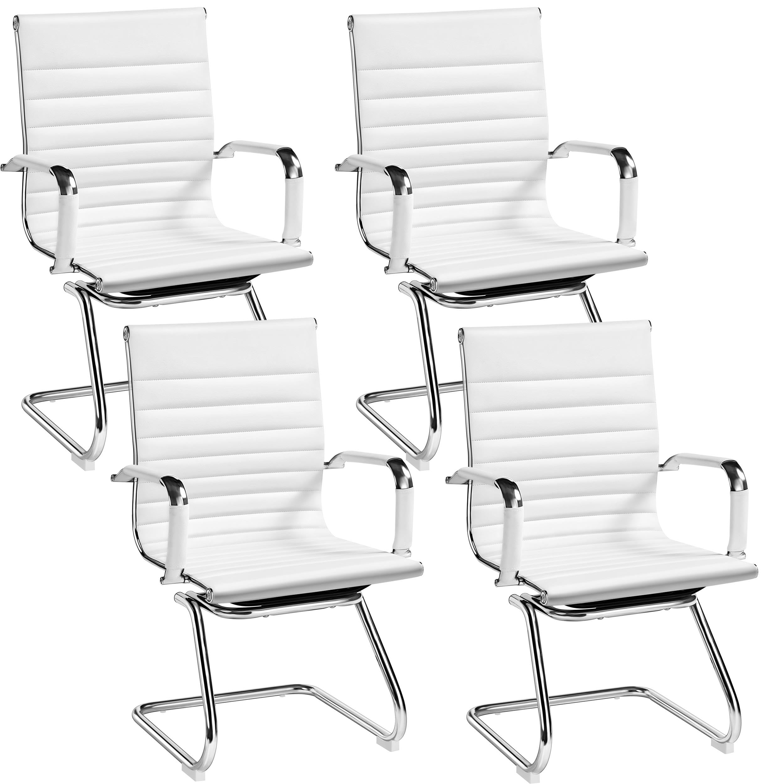Yaheetech Set 4 Sedie Ufficio Senza Ruote, Design Cantileve, Bianco | Sedie Sala d'Attesa per Ospiti Visitatori Riunioni Conferenza Ergonomiche in Pelle Sintetica con Schienale e Braccioli