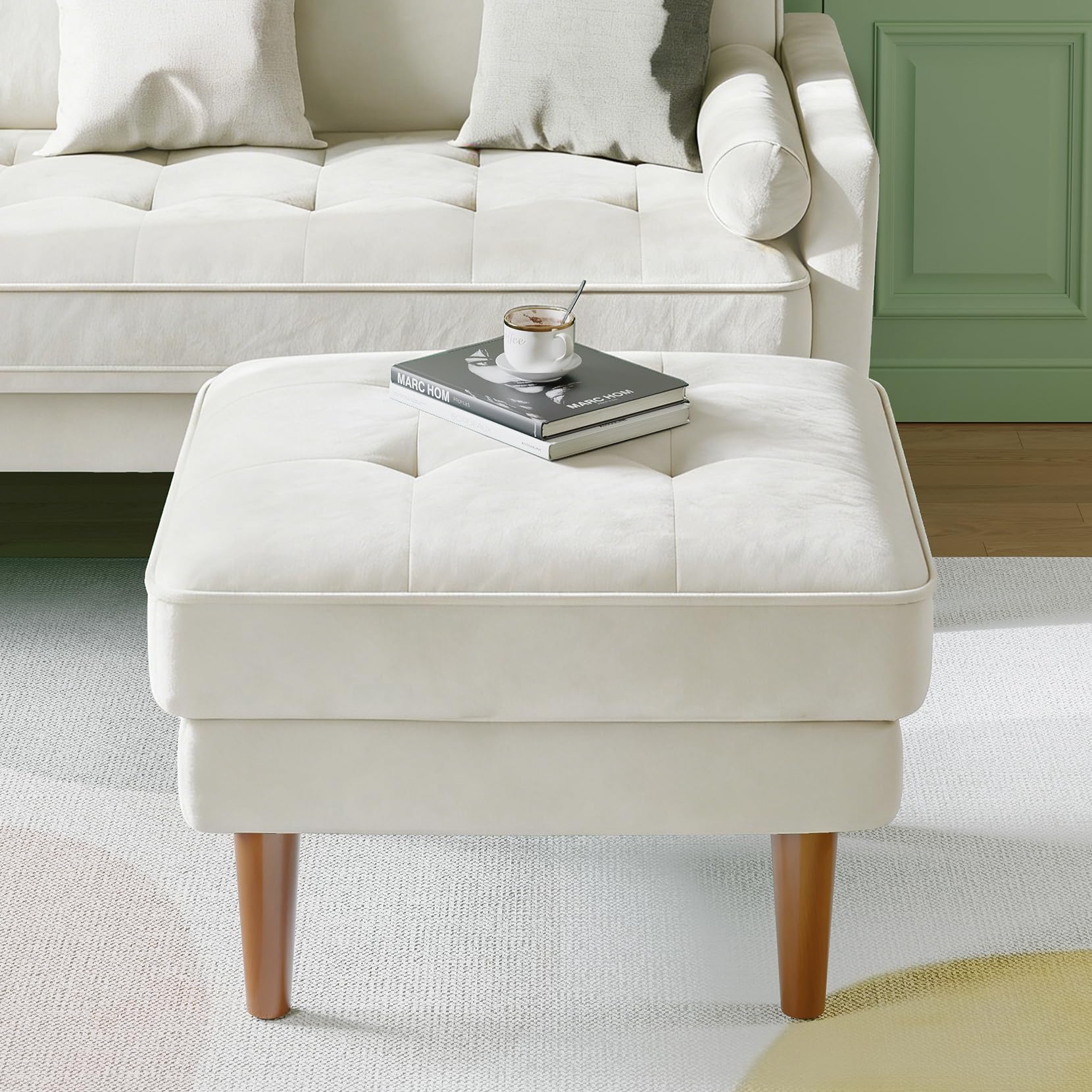 Vesgantti Small Ottoman Beige, Velvet Ottoman with Spring Cushion, Rectangle Foot Rest for Couch, Entrance Footstool with Wood Legs, Footstool for Living Room, Bedroom