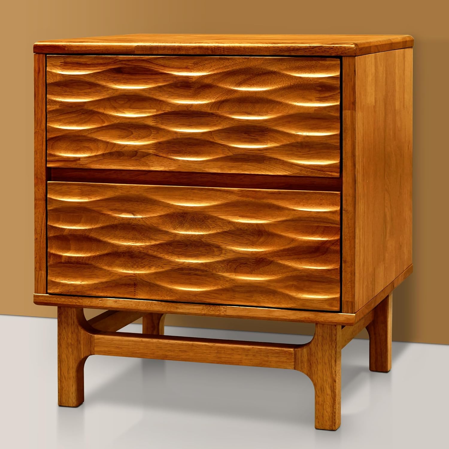 Acacia Elara Solid Wood 2 Drawer Nightstand – Mid Century Modern Bedside Table, Caramel Finish, Compact Size for Bedroom or Living Room, Easy Assembly, Durable & Handcrafted