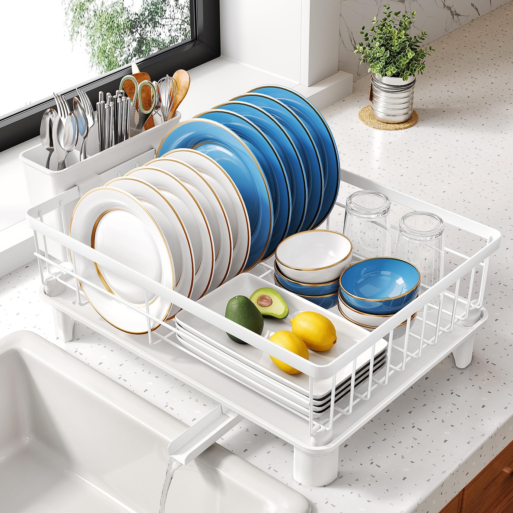 Photo 1 of SNTD Dish Drying Rack - Small Dish Rack for Kitchen Counter, Stainless Steel Dish Drainer with Utensil Holder and Drainboard, 11" W x 15" L (White)
