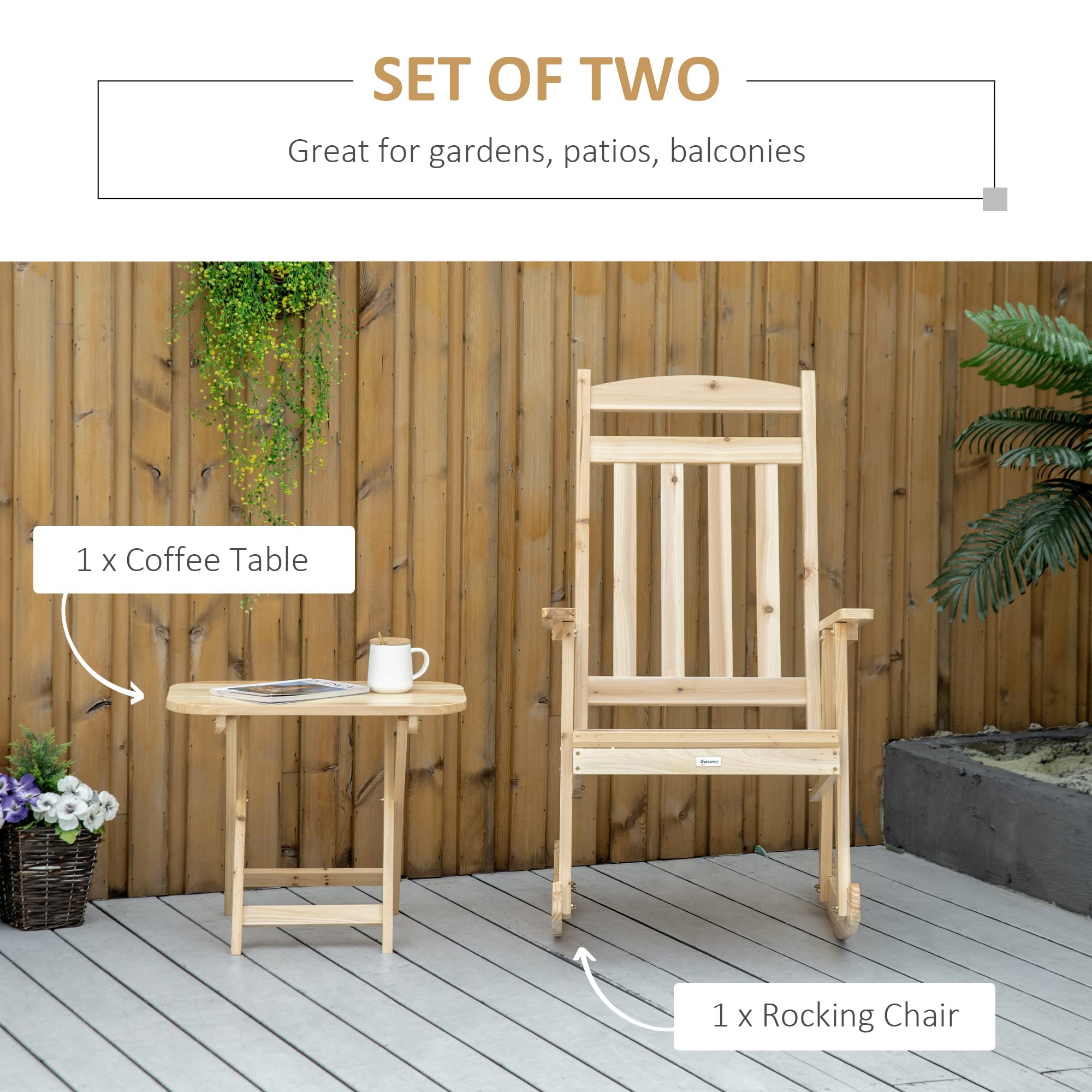 Outsunny - Conjunto de jardín (2 piezas, estilo acogedor), diseño de silla mecedora + mesa auxiliar plegable, madera de abeto, macizo,