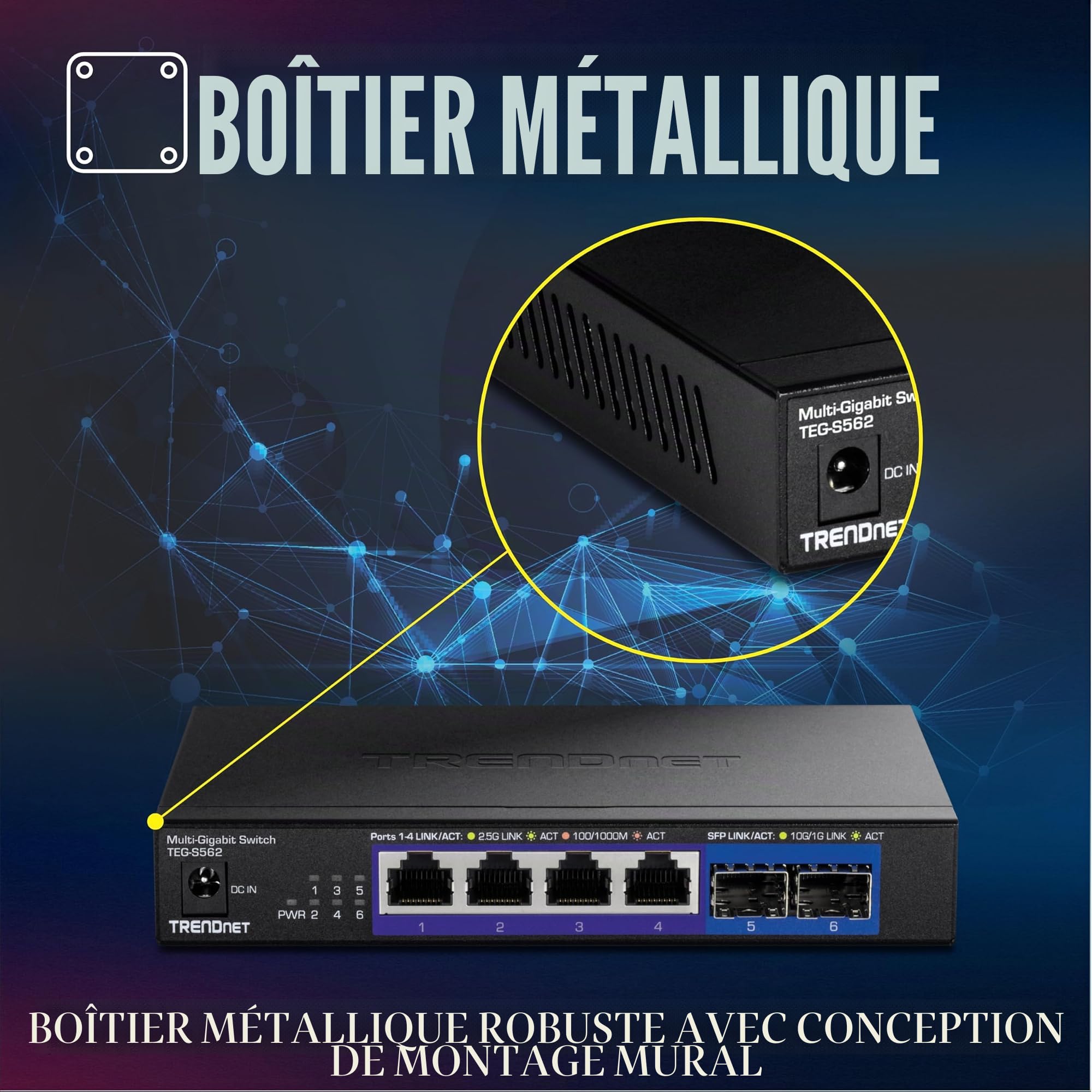 TRENDnet, TEG-S562, Commutateur Multi-Gig Non géré à 6 Ports, 4 Ports 2,5GBASE-T, 2 Ports SFP+ 10G sans Ventilateur, Conception de Bureau compacte, boîtier en métal, commutateur réseau Ethernet, Noir