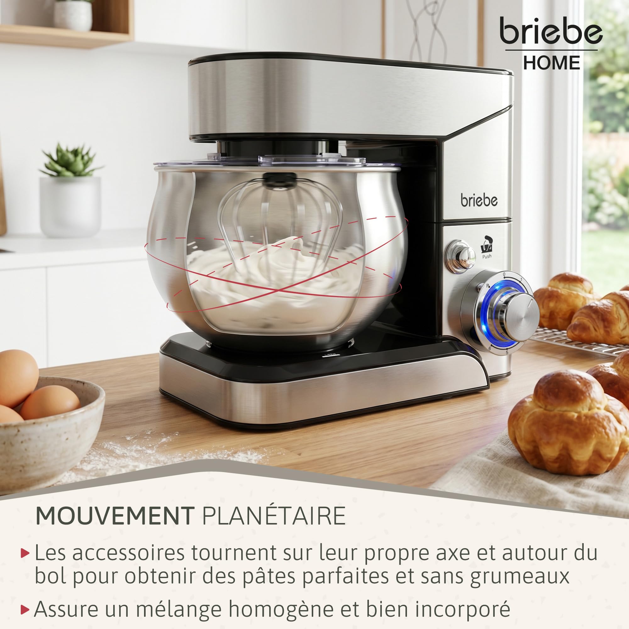 briebe Robot Pâtissier Professionnel, Boulangerie 1800W MAX Cuisine Ménager Multifonction Mouvement Orbital, Fouet, Bol 5 L, 6 Vitesses + Fonction Pulse, Inox KM1114